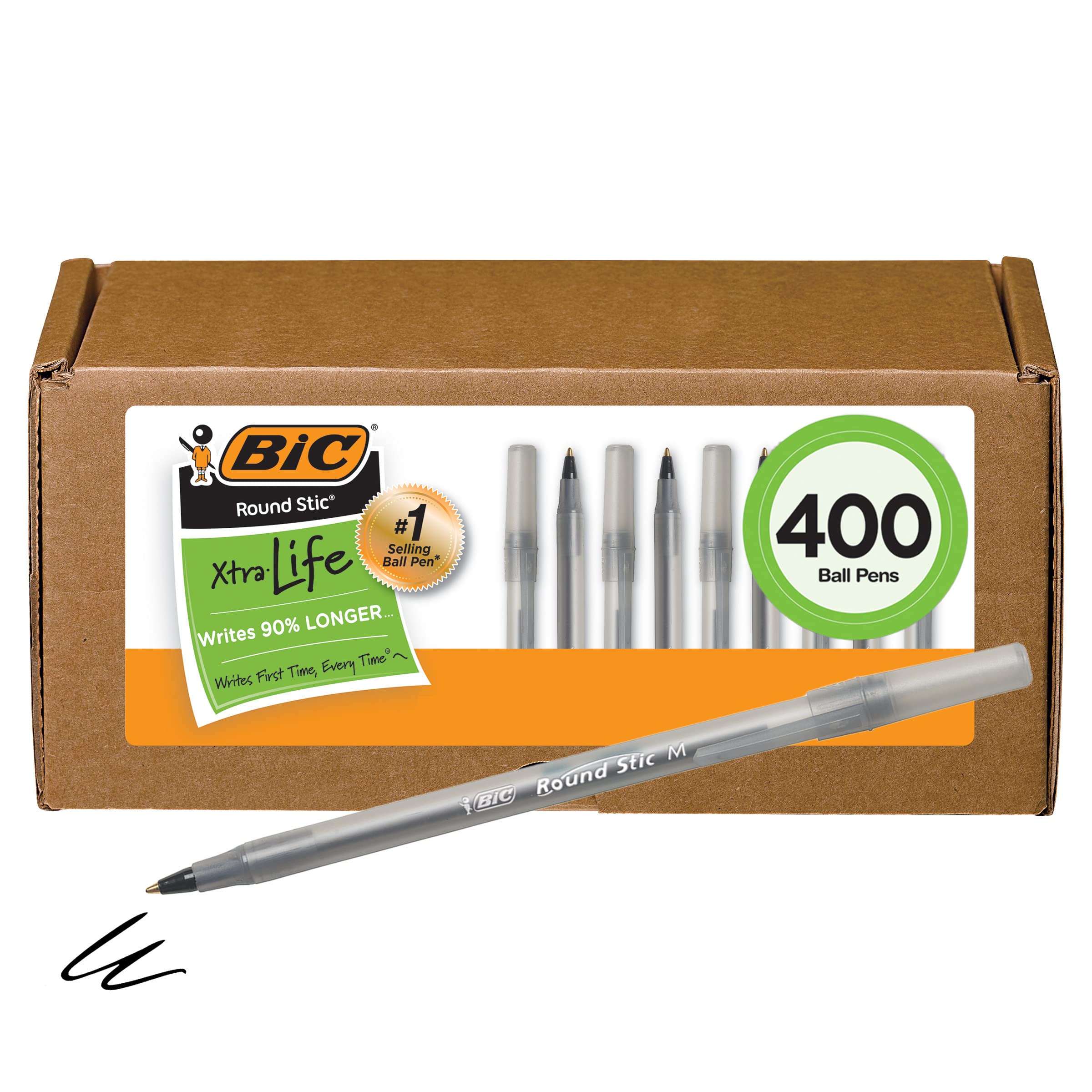 BIC Round Stic Xtra Life Black Ballpoint Pens, 1.0mm Medium Point, 400-Count Bulk Pack - Comfortable Flexible Barrel for Smooth Writing - #1 Best Selling Pens for Office, School & Home Use