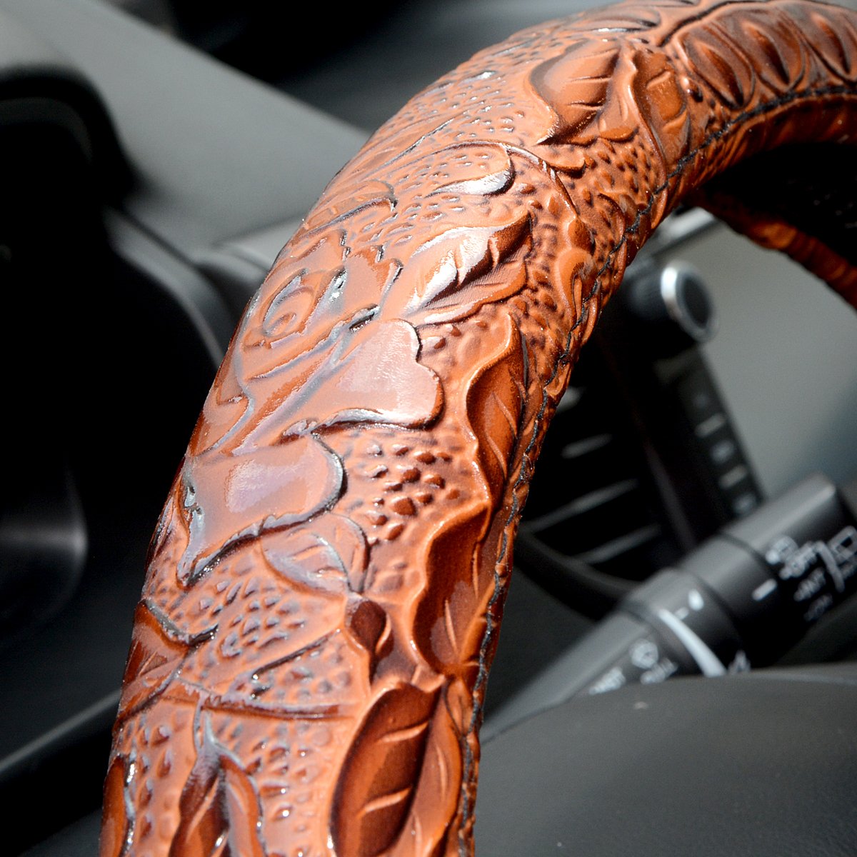 Universal 15 Inch Car Steering Wheel Cover - Anti-Slip Leather Protector with Flower Grain (Brown) | Perfect for Cars, Trucks & SUVs - Enhances Grip & Comfort for Long Drives
