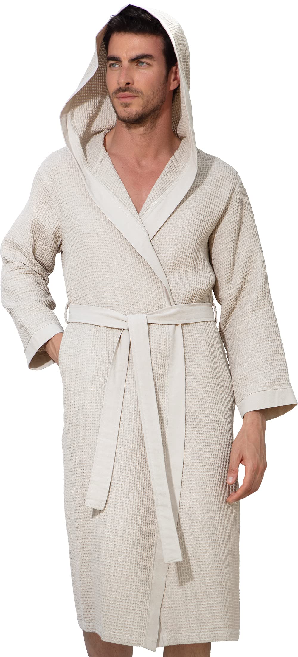 SEYANTE Men's Waffle Robe with Piping Hooded Lightweight Cotton Bathrobe - Ultra Soft Full Length Spa Sleepwear for Relaxation at Home, Lounging & After Shower Comfort