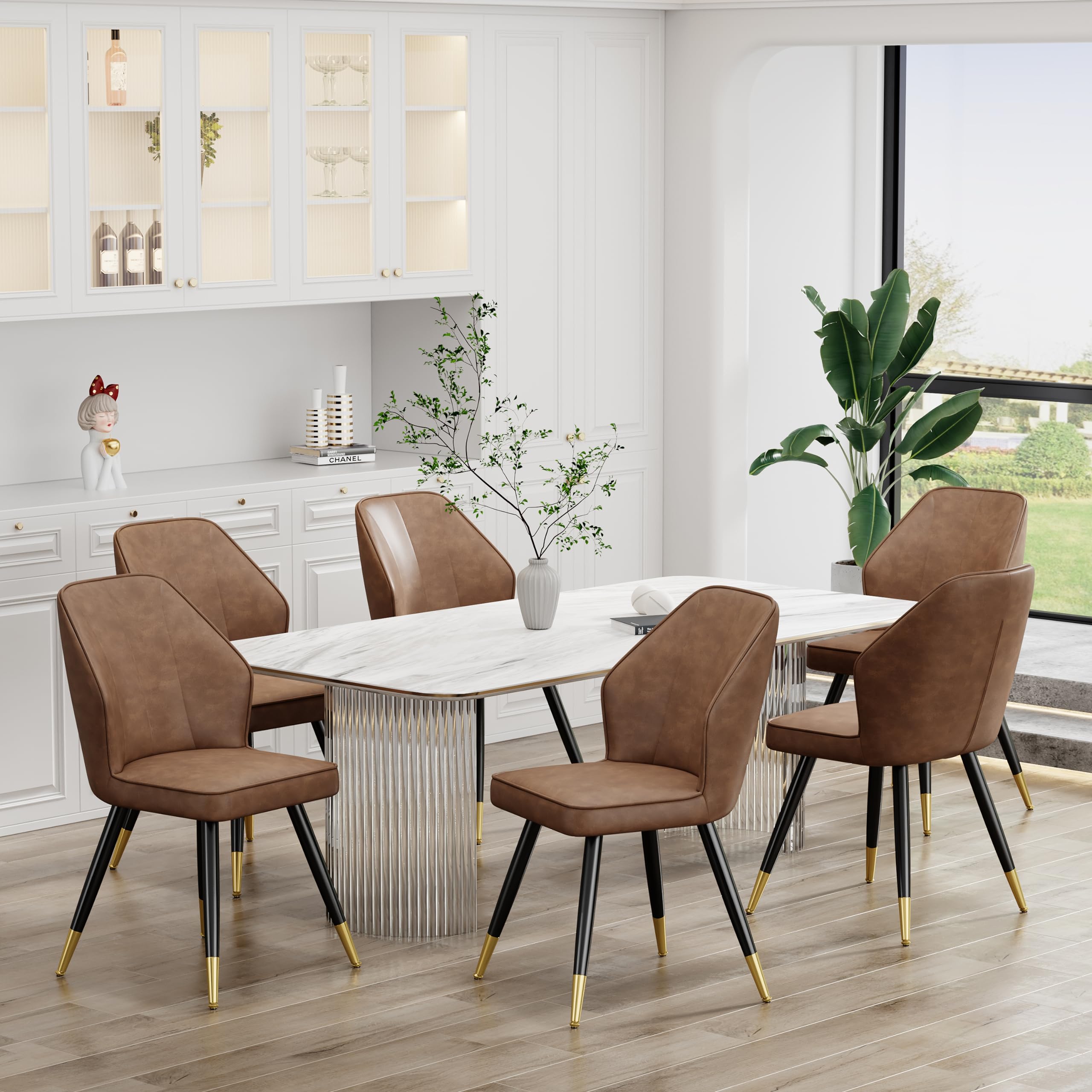 Andeworld Set of 2 Mid Century Modern Upholstered Dining Chairs - Faux Leather Armless Side Chairs with Golden Metal Legs for Dining Room, Living Room, Kitchen & Office - Brown Accent Chairs for Home Decor