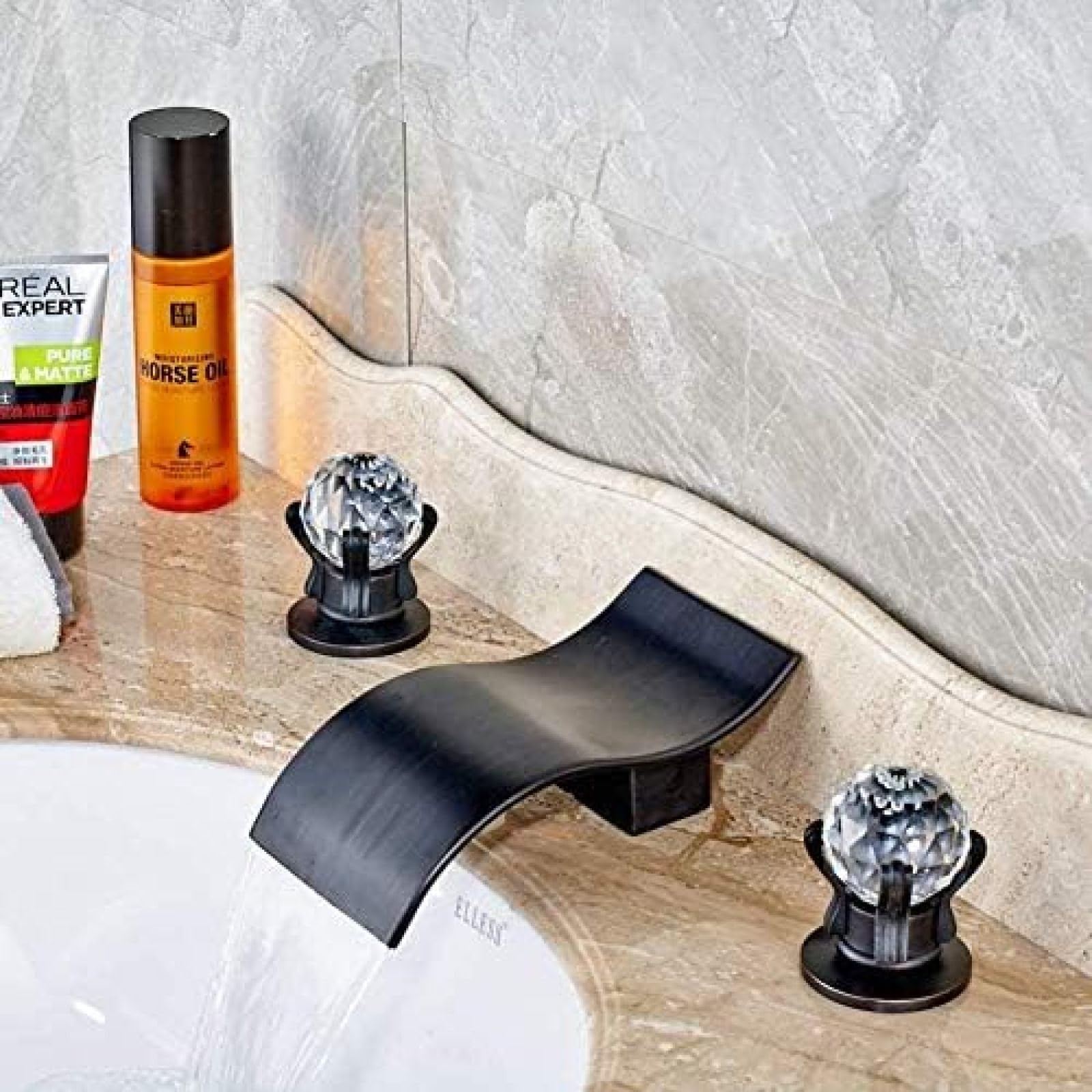 CRJUS Modern Kitchen Faucet with Dual Crystal Knobs - Deck Mount Waterfall Sink Faucet, Widespread Bathroom Mixer Tap for Stylish Home Upgrade - Perfect for Cooking, Washing Dishes & Bathroom Sink Use