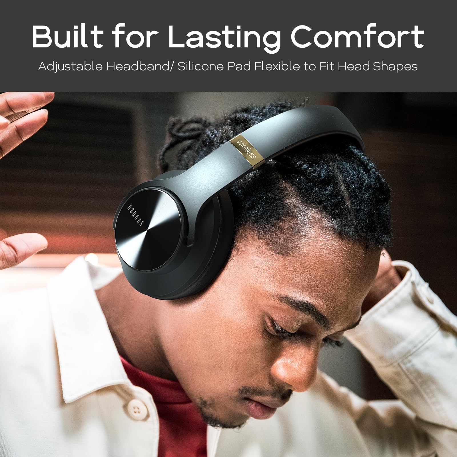 DOQAUS Bluetooth Headphones Wireless with 90 Hours Playtime, Hi-Fi Stereo Sound, Built-in Mic & 3 EQ Modes - Comfortable Over-Ear Headset for iPhone, Android, PC, Gaming, Travel & Work (Shadow Gray)