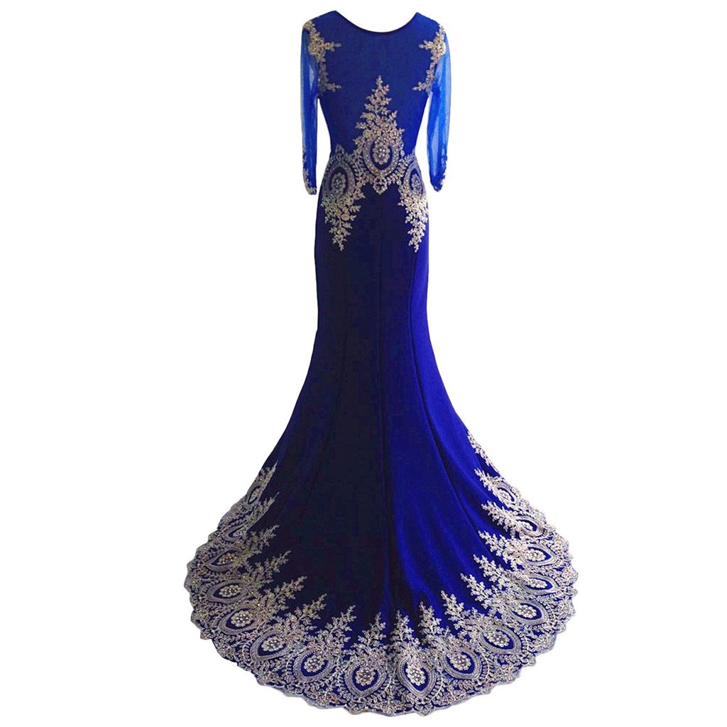 Elegant Lemai Spandex Sheer Long Sleeve Gold Lace Mermaid Evening Gown for Prom, Formal Dinners & Special Occasions