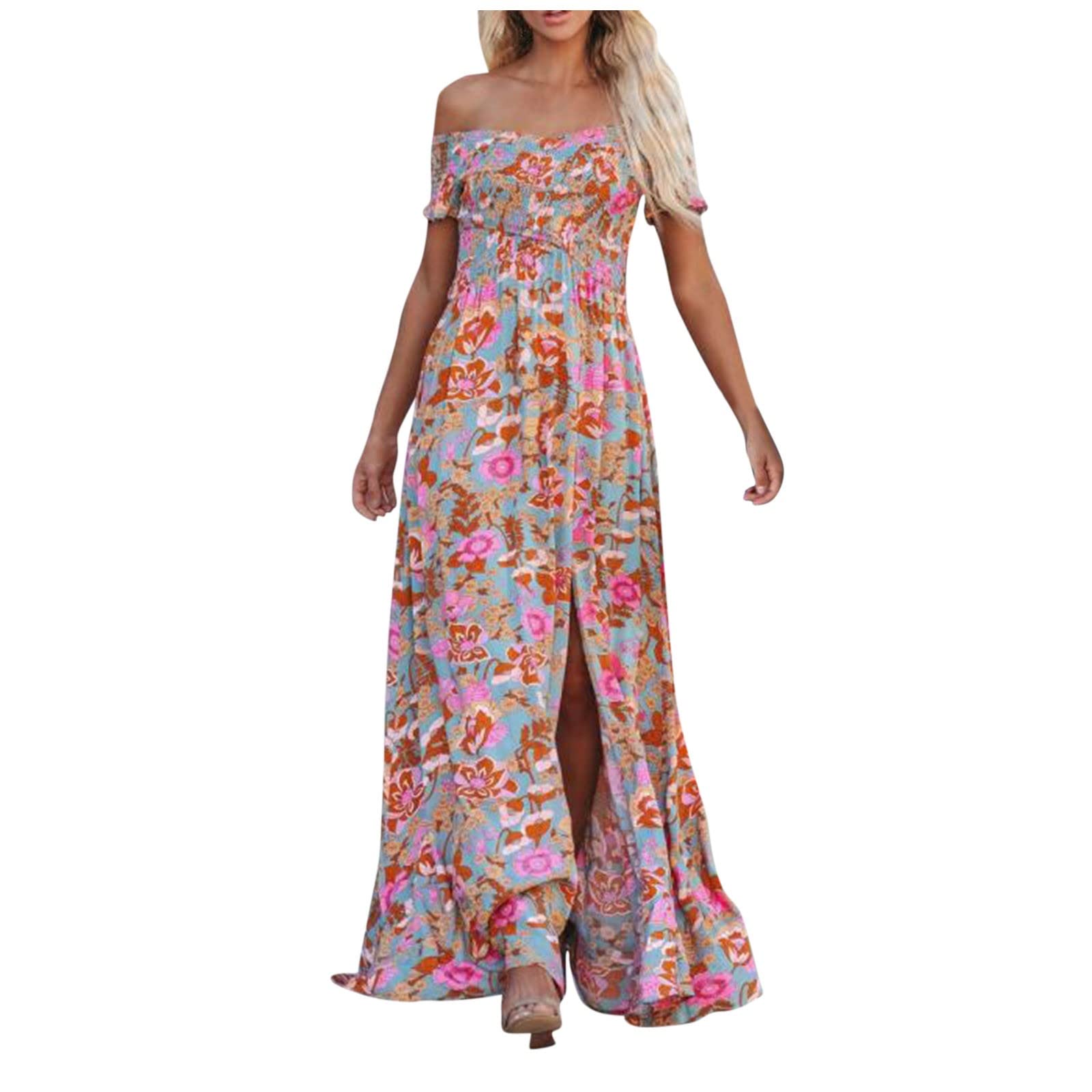 Women's Off Shoulder Summer Floral Print Bohemian Maxi Dress - Short Sleeve Flowy Beach Dress with Side Slit | Perfect for Vacations, Weddings & Outdoor Parties