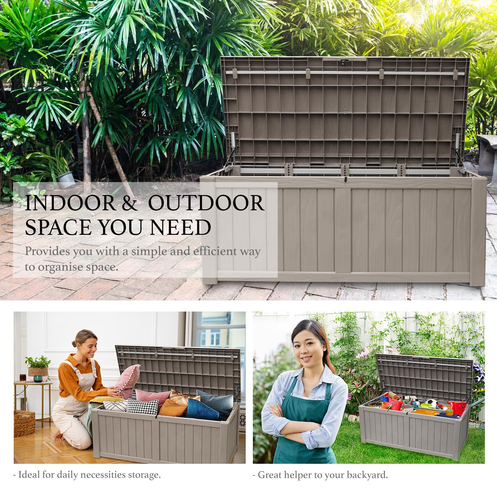 120 Gallon Outdoor Storage Box - Waterproof Resin Deck Box with Lock | Large Patio Storage Container for Furniture, Cushions, Garden Tools & Pool Supplies | Durable Taupe Deck Box for Backyard, Poolside & Garage Organization