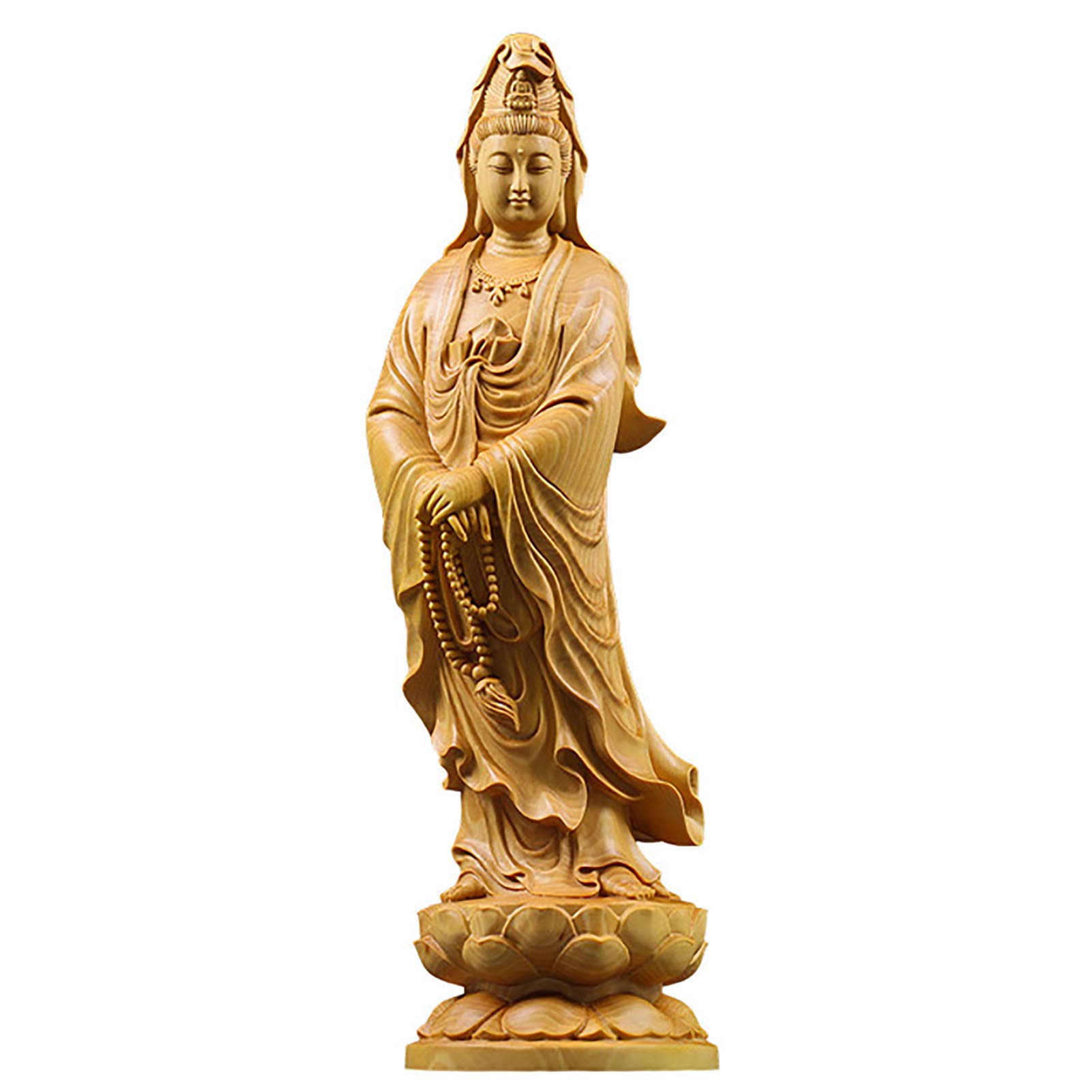 LILOVE 22cm Chinese Solid Wood Guanyin Buddha Statue - Handcrafted Wooden Buddhist Sculpture for Home Altar, Office Desk Decor & Meditation Space - Feng Shui Gift & Spiritual Decor