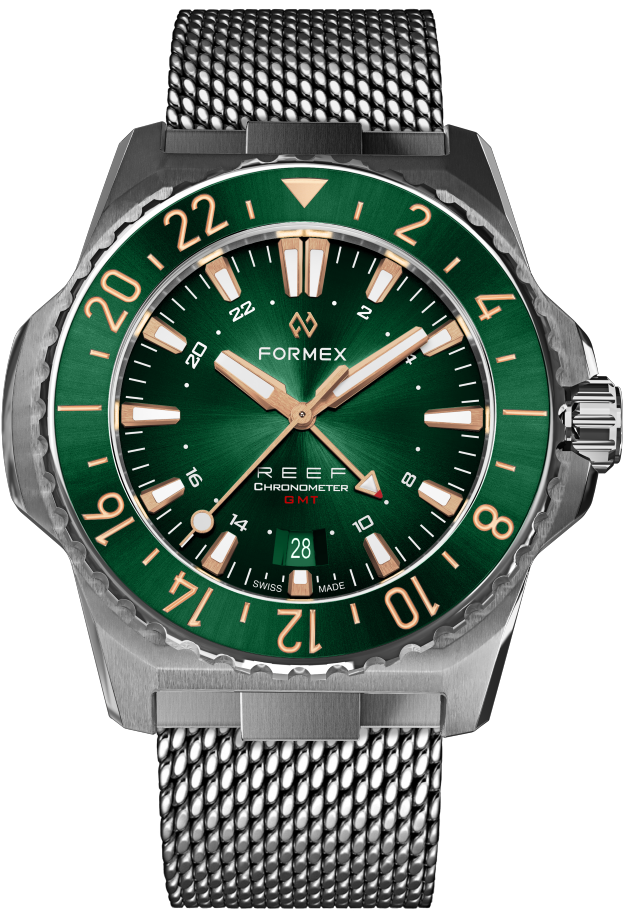 Formex REEF GMT Luxury Diver Watch - Green Ceramic Bezel & Gold Accents - Swiss Automatic Movement - 300M Waterproof - Perfect for Travel, Diving & Business Occasions