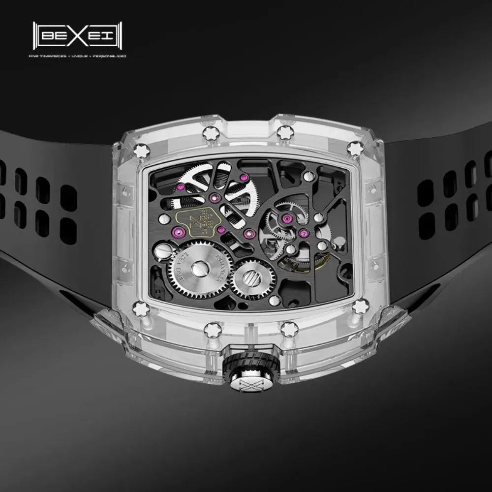 BEXEI 9127 Luxury Men's Transparent Skeleton Tourbillon Watch - K9 Crystal Glass, 72H Power Reserve, Waterproof Mechanical Wristwatch for Business, Formal Events & Gift Giving