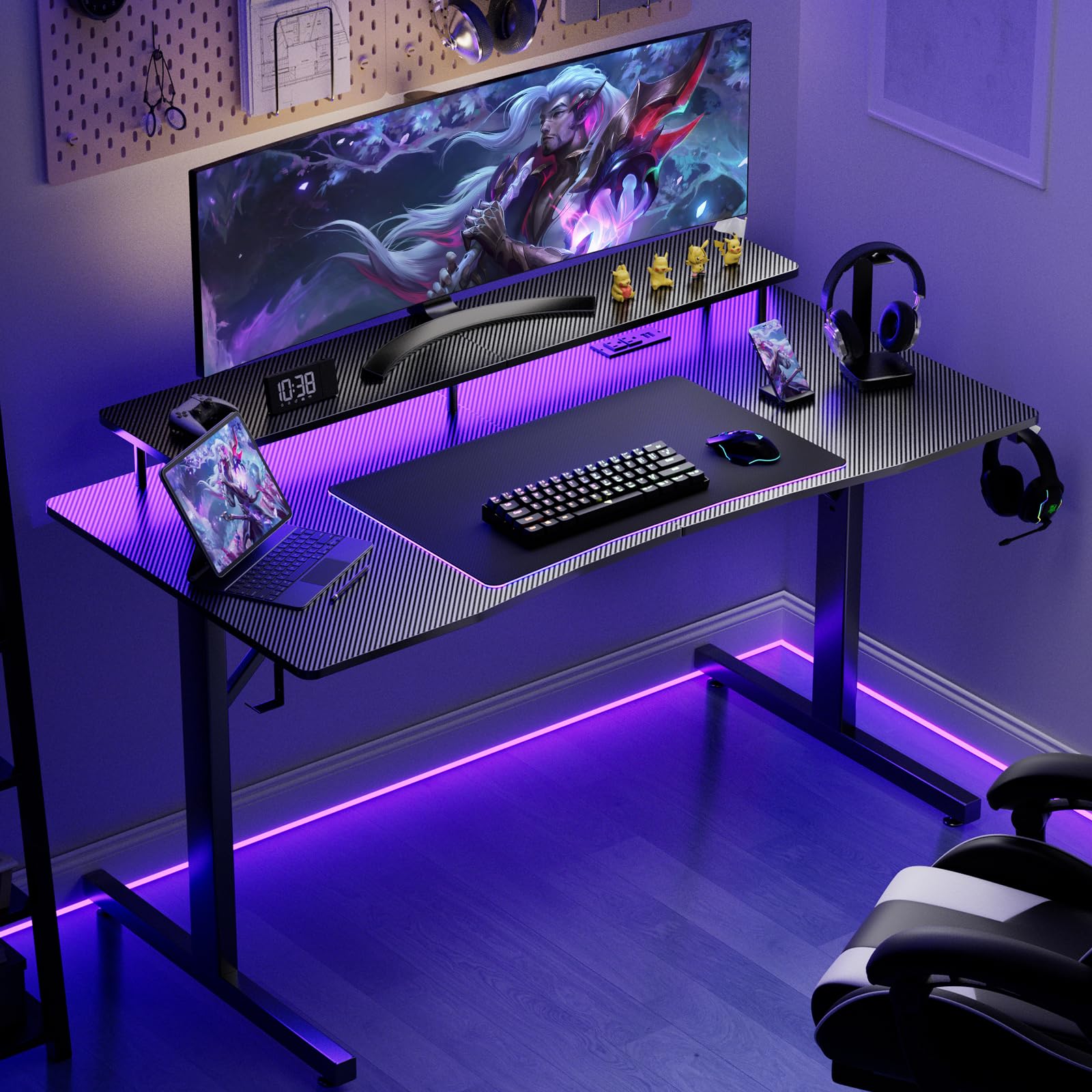 GTRACING 55 Inch LED Gaming Desk with Power Outlet & Monitor Stand - Ergonomic Carbon Fiber Computer Desk with Headphone Hook & Mouse Pad - Perfect for PC Gaming Setup, Home Office & Esports