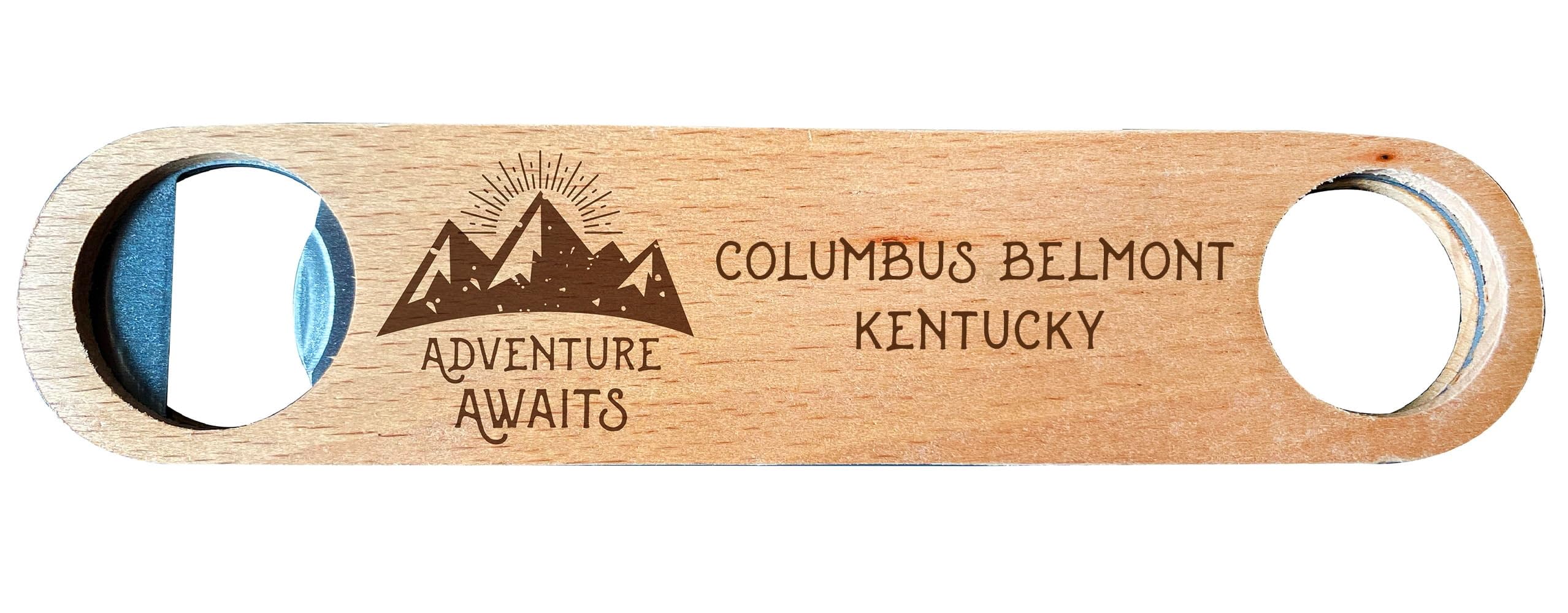 Columbus Belmont Kentucky Laser Engraved Wooden Bottle Opener - Adventure Awaits Design - Perfect for Camping, Hiking, and Outdoor Gifts