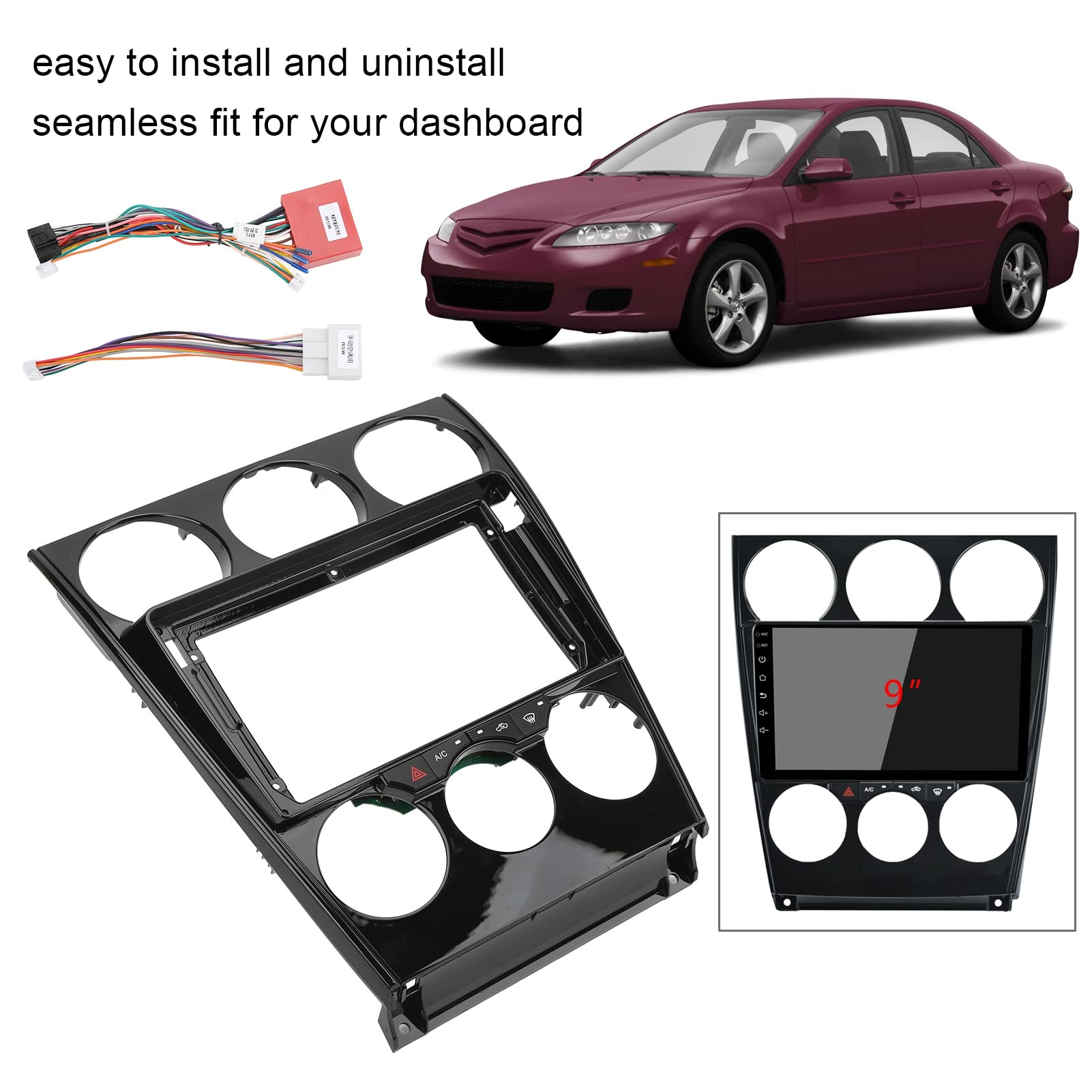 Acouto 2DIN Car Stereo Radio Fascia with Built-in CANBUS for Android Navigation | 9in Replacement Panel Frame for Mazda 6 (2004-2016) | Perfect for Aftermarket Audio Upgrades & Seamless Dashboard Integration
