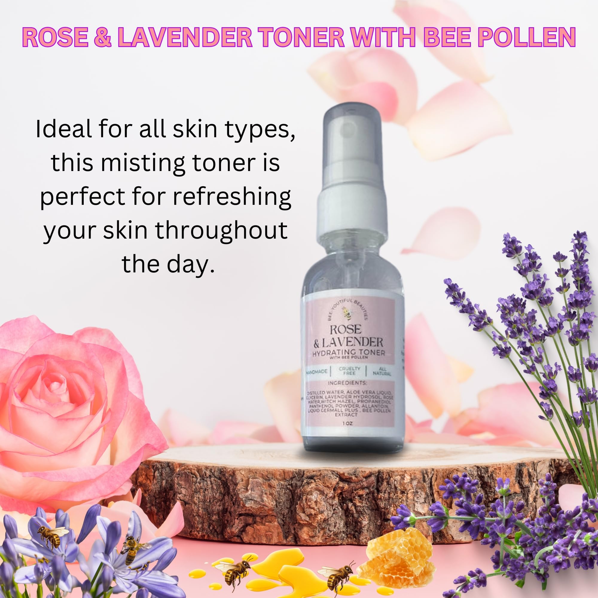 Rose & Lavender Facial Toner with Bee Pollen & Aloe Vera | 1 Oz Hydrating Mist for Glowing Skin | Soothing Toner for Dry & Sensitive Skin | Perfect for Daily Skincare Routine & Post-Workout Refresh