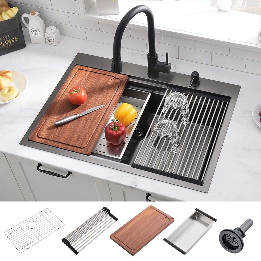 33x22 Inch Black Drop-in Kitchen Sink - Wesliv 33 Inch Topmount Stainless Steel Sink, 16 Gauge Double Ledges Workstation Sink, Single Bowl Deep Large Sink with Cutting Board - Perfect for Food Prep, Dishwashing & Modern Kitchen Renovations