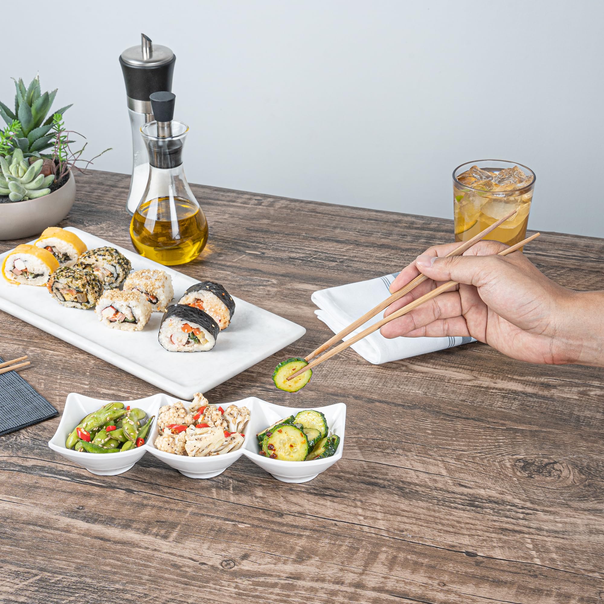 Voga 8.5 oz Square Melamine Serving Dishes - 3 Compartment Appetizer Plates for Dips, Snacks & Condiments | Durable Restaurantware for Catering, Parties & Home Entertaining