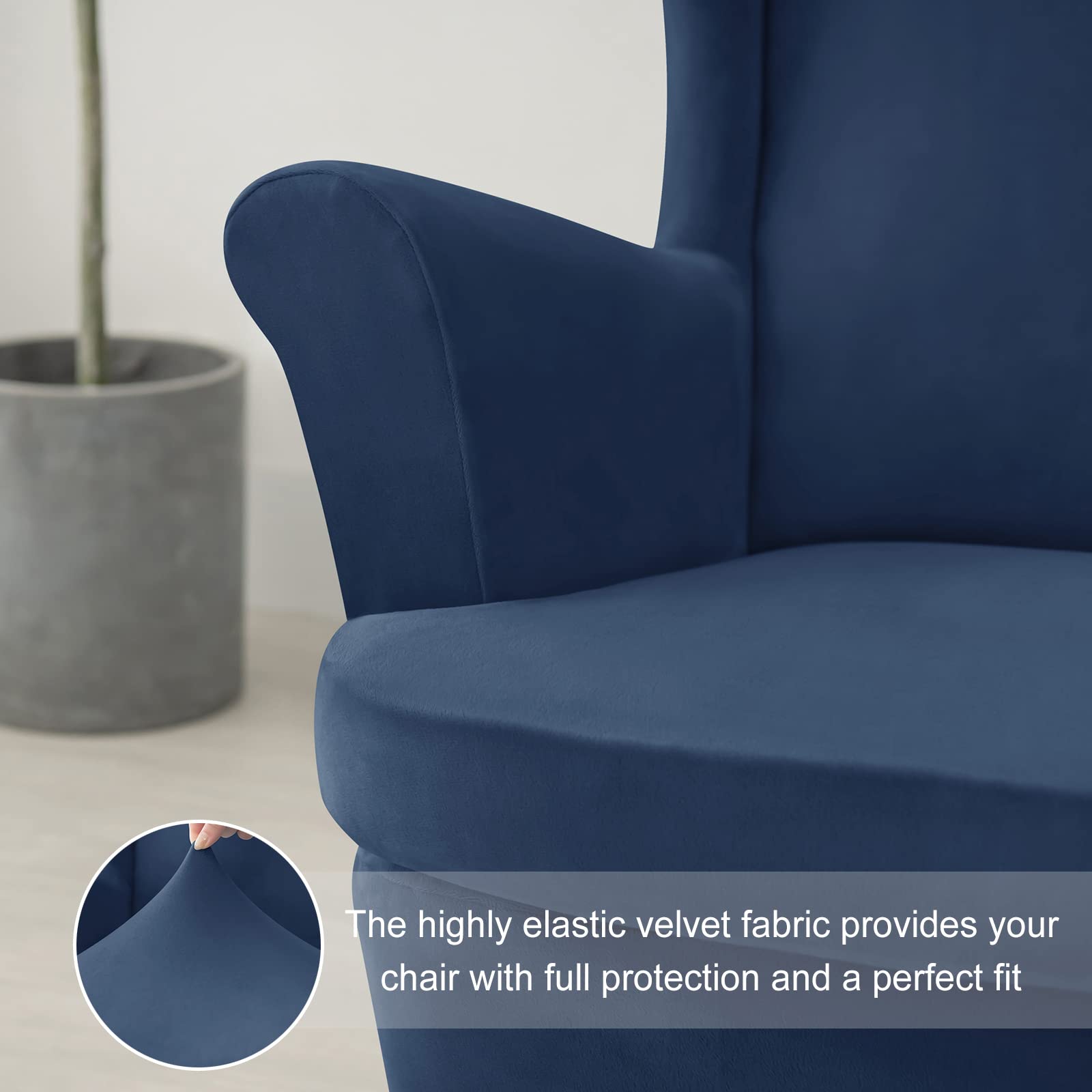 Velvet Stretch Wing Chair Slipcover - Soft 2-Piece Wingback Chair Cover with Elastic Bottom | Navy Blue Sofa Protector for Living Room, Bedroom | Pet-Friendly Furniture Cover for Cats & Dogs | Home Decor Upgrade for Cozy Reading Nook