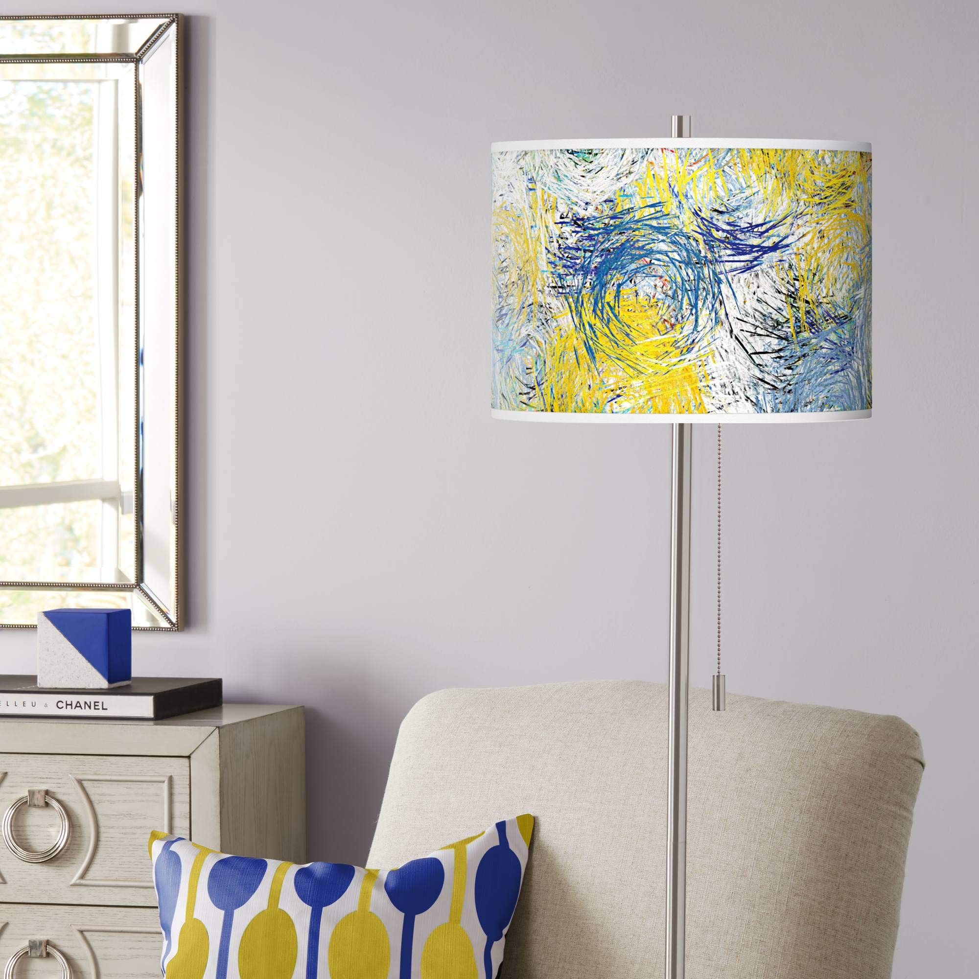 Starry Dawn Brushed Nickel Pull Chain Floor Lamp with Printed Shade - Perfect for Living Room, Bedroom & Office Lighting Decor