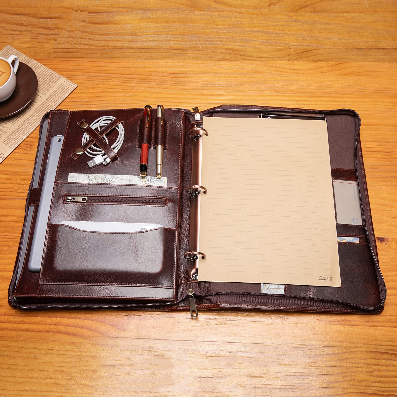 YIWEN Handmade Genuine Leather Portfolio - Zippered Business Padfolio with 3-Ring Binder, Professional Organizer for Resume, Documents & Tablet (Oil Wax Finish) | Perfect for Office Meetings, Job Interviews & Executive Gifts
