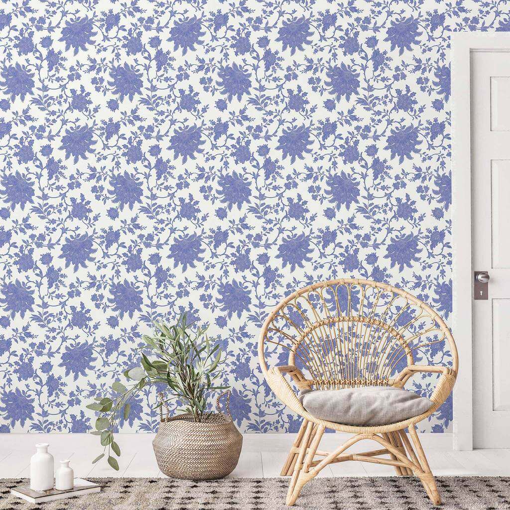Blue Flowers Peel and Stick Removable Wallpaper - Self-Adhesive Decorative Wall Covering for Bedroom, Living Room, Nursery & Office Decor