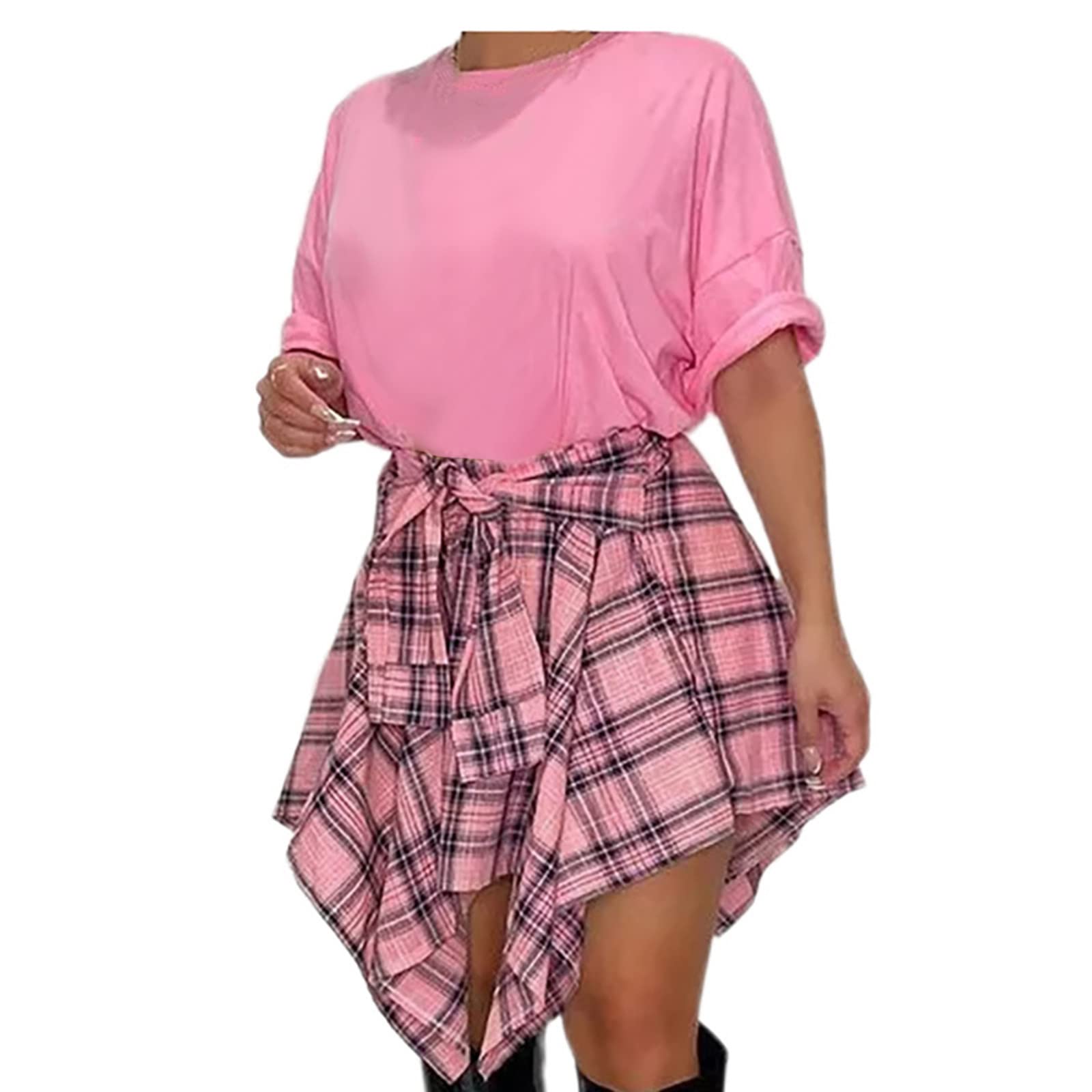 Women's Plaid High Elastic Waist Summer Dress - Casual Knot Front Asymmetrical Mini Pleated Skirt | Perfect for Beach, Vacation, and Summer Outings