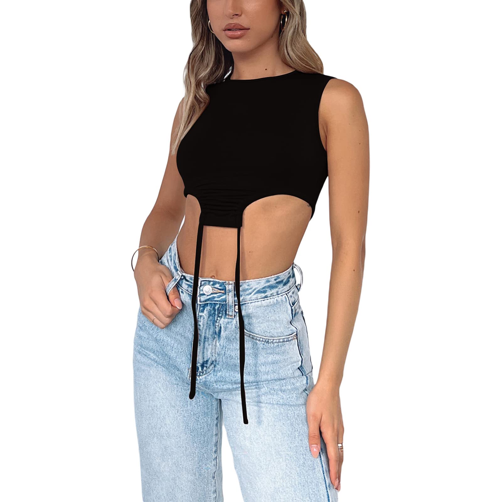 Women's Sleeveless Ribbed Knit Tank Top - Slim Fit Cropped Camisole with Drawstring Detail | Perfect for Summer Outfits, Yoga, and Layering