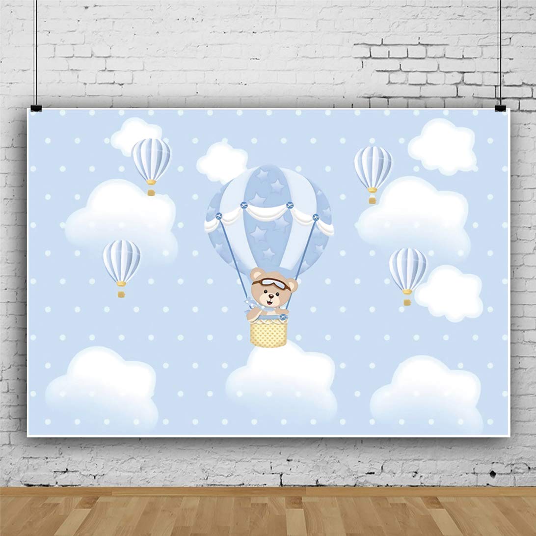 Qinunipoto 9x6Ft Polyester Hot Air Balloon Bear Backdrop - Blue Sky White Clouds Photography Background for Kids Birthday Party, Baby Shower, Newborn Photo Shoot, Cake Table Decor & Studio Props - Perfect for Indoor/Outdoor Events & Themed Celebrations