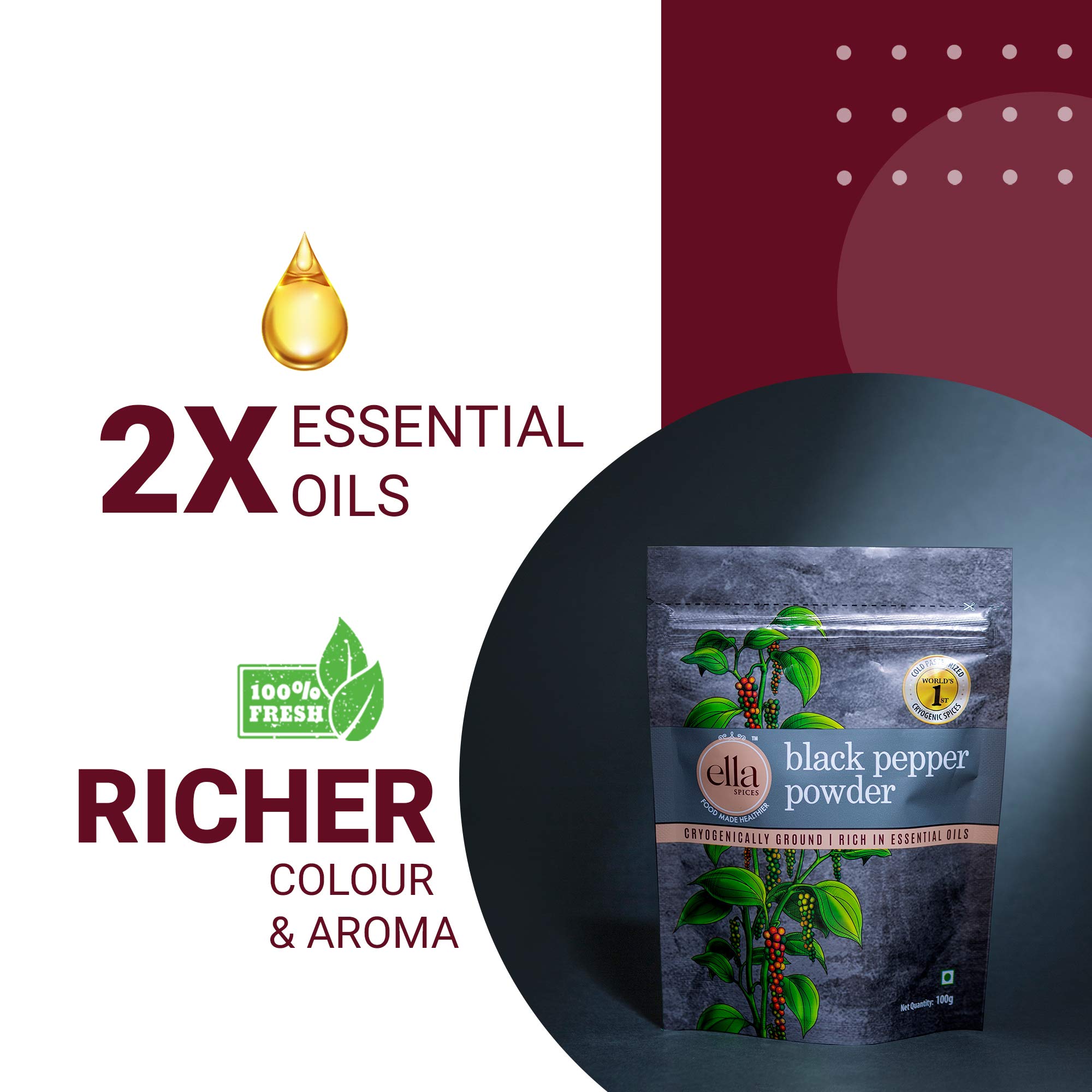 Premium Black Pepper Powder - Ella Foods Spices | Cryogenic Grinding for 2X Aroma & Flavor | 100g Each (Pack of 2) | Perfect for Cooking, Seasoning & Gourmet Recipes