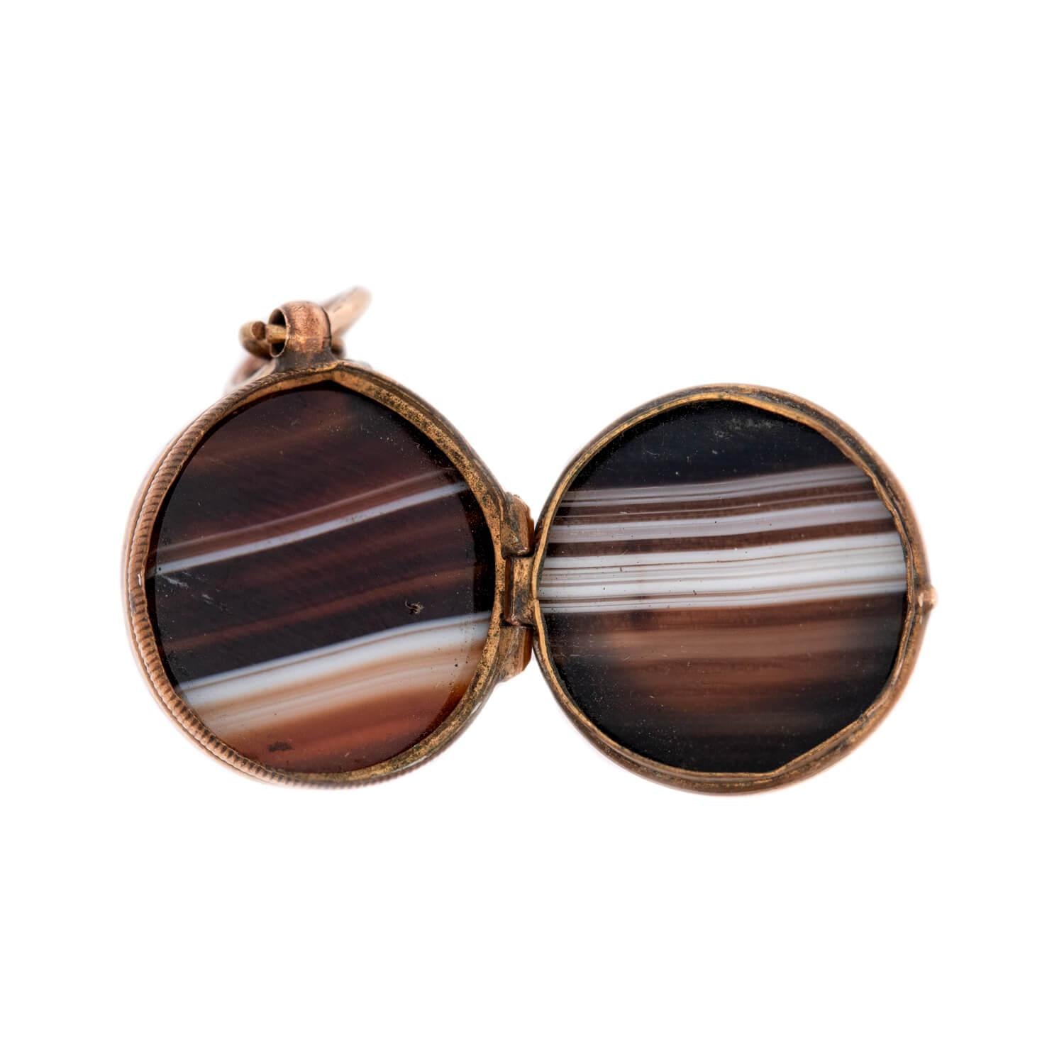 Victorian Style 10K Gold Banded Agate Ball Locket Pendant Necklace - Elegant Antique Jewelry for Women, Gift for Her, Valentine's Day & Anniversary Present