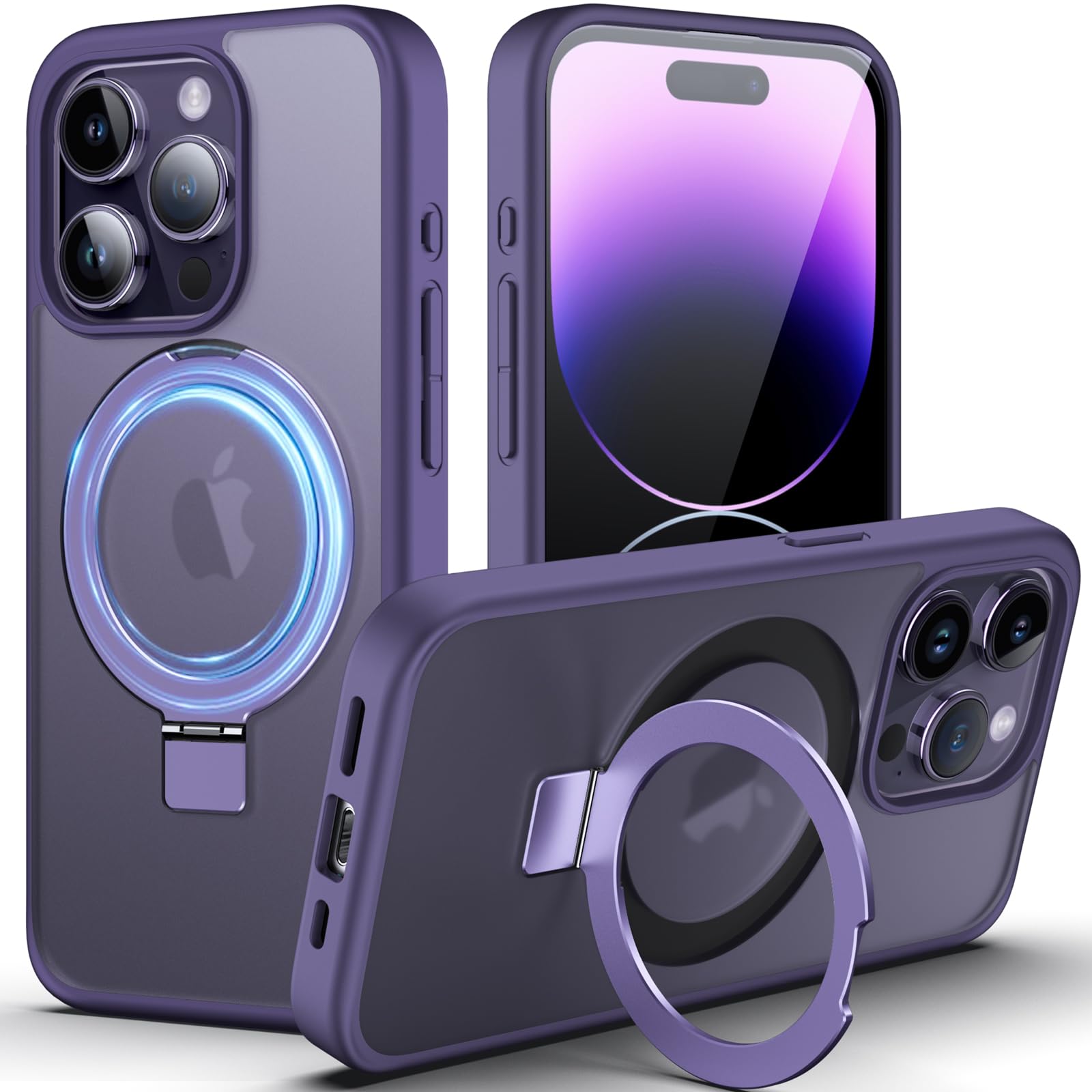 DASFOND Mag-Stand iPhone 15 Pro Case - 2023 Upgraded All-in-1 Magsafe Compatible with Invisible Ring Kickstand, Matte Transparent Protective Cover (Purple) - Perfect for Work, Travel & Everyday Use