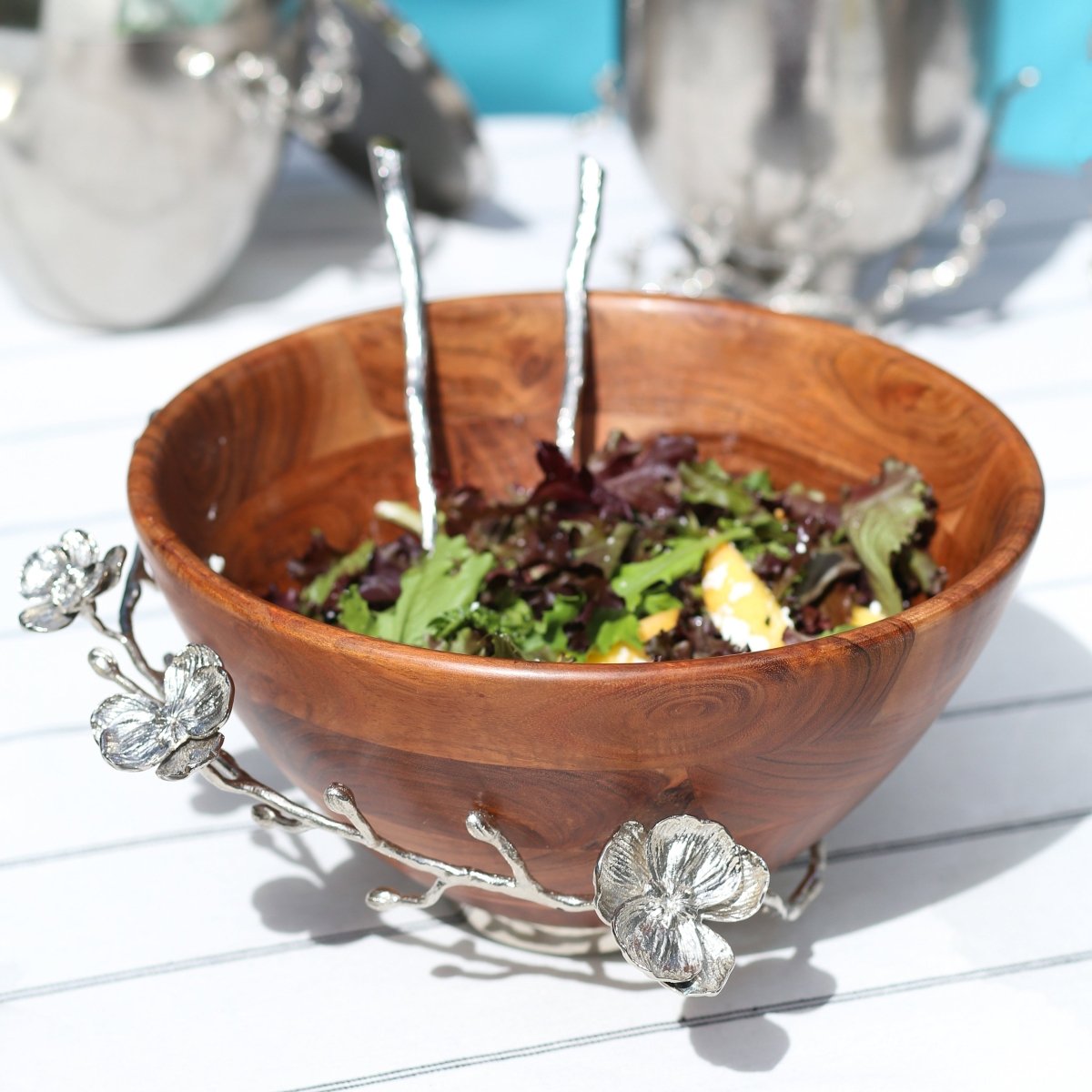 Premium White Orchid Wood Salad Bowl Set - Handcrafted Natural Wood Serving Bowl for Salads, Fruits, Nuts - Perfect for Dinner Parties, Picnics & Healthy Eating