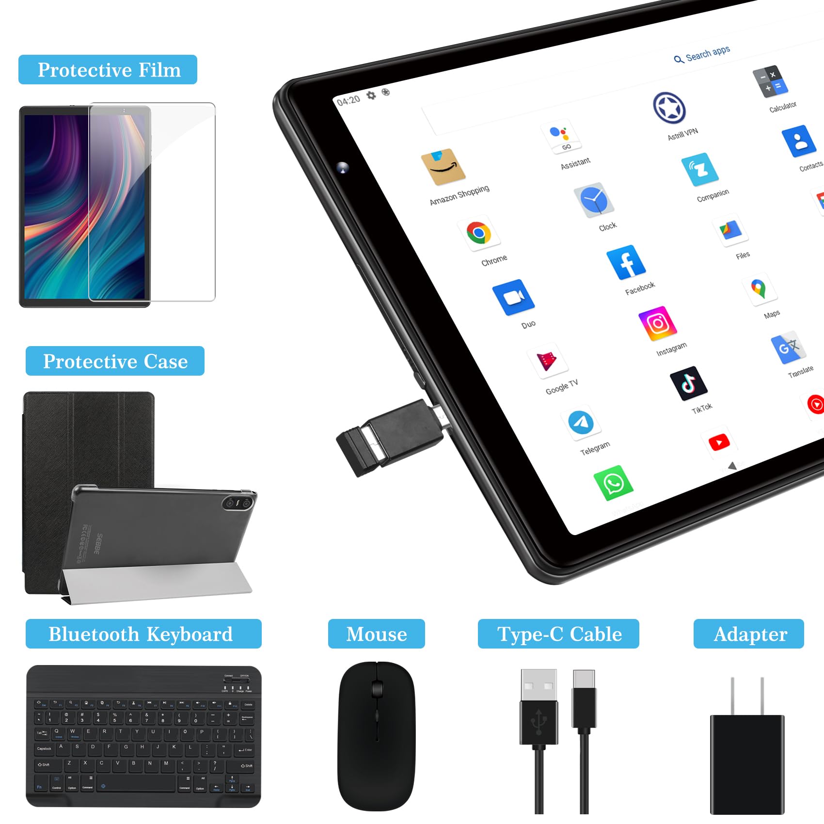 SEBBE 10 Inch Android 13 Tablet PC - 12GB RAM 128GB ROM (Expandable to 1TB), Octa-Core 2.0GHz, Bluetooth 5.0, 5G WiFi, 6000mAh Battery, HD 1280x800 Display, 5MP+8MP Dual Camera - Includes Keyboard & Mouse (Black) - Perfect for Work, Study, and Entertainment