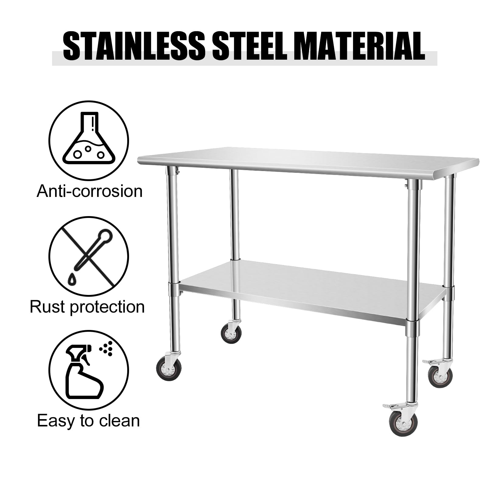 Stainless Steel Work Table with Casters - Heavy Duty Kitchen Prep Table for Restaurant, Home, and Hotel Use - Small Kitchen Table with Stainless Steel Shelves for Food Prep, Baking, and Catering