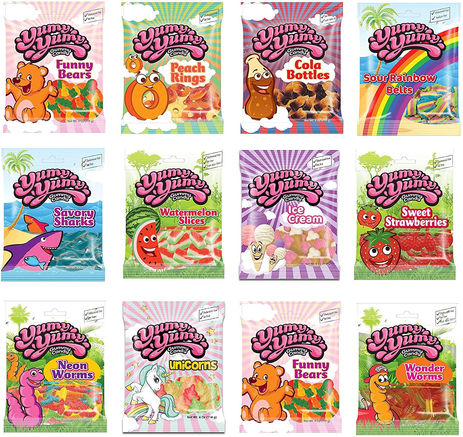 Yumy Yumy Neon Sour Gummy Worms Candy - 4.0 Oz Bulk Pack (12 Pack) | Sweet & Tangy Party Snacks for Kids, Movie Nights & Halloween Treats