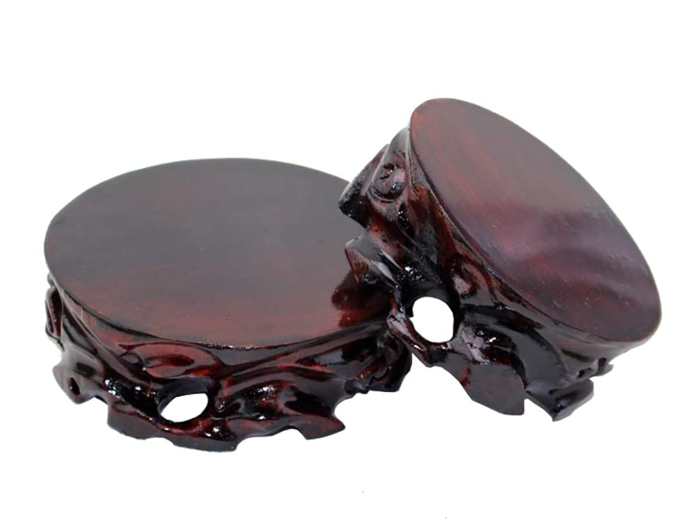 Solid Wood Rosewood Carved Vase Stand with Stone Base - 4.3 Inch Round Planter & Teapot Pedestal for Home Decor, Table Centerpiece, and Plant Display