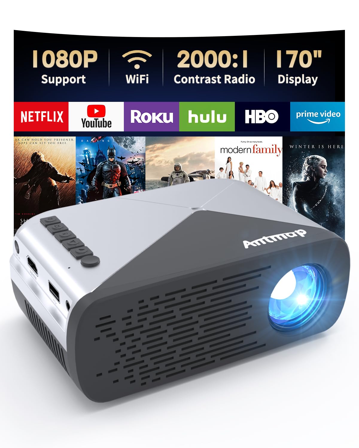 Antmap Mini WiFi Projector - Portable Pocket Projector for iPhone, Android, Laptop, TV Stick & Game Console | Wireless HDMI Connection | Ideal for Home Theater, Outdoor Movies & Business Presentations