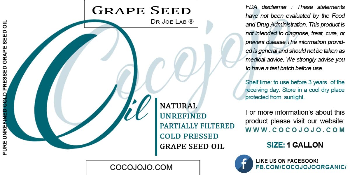 **Pure Cold Pressed Unrefined Extra Virgin Grapeseed Oil 1 Gallon (128 oz) - Natural Moisturizer for Hair, Skin, Nails & Beard - Hydrates, Soothes & Nourishes - Perfect for Massage, Cooking & DIY Beauty**