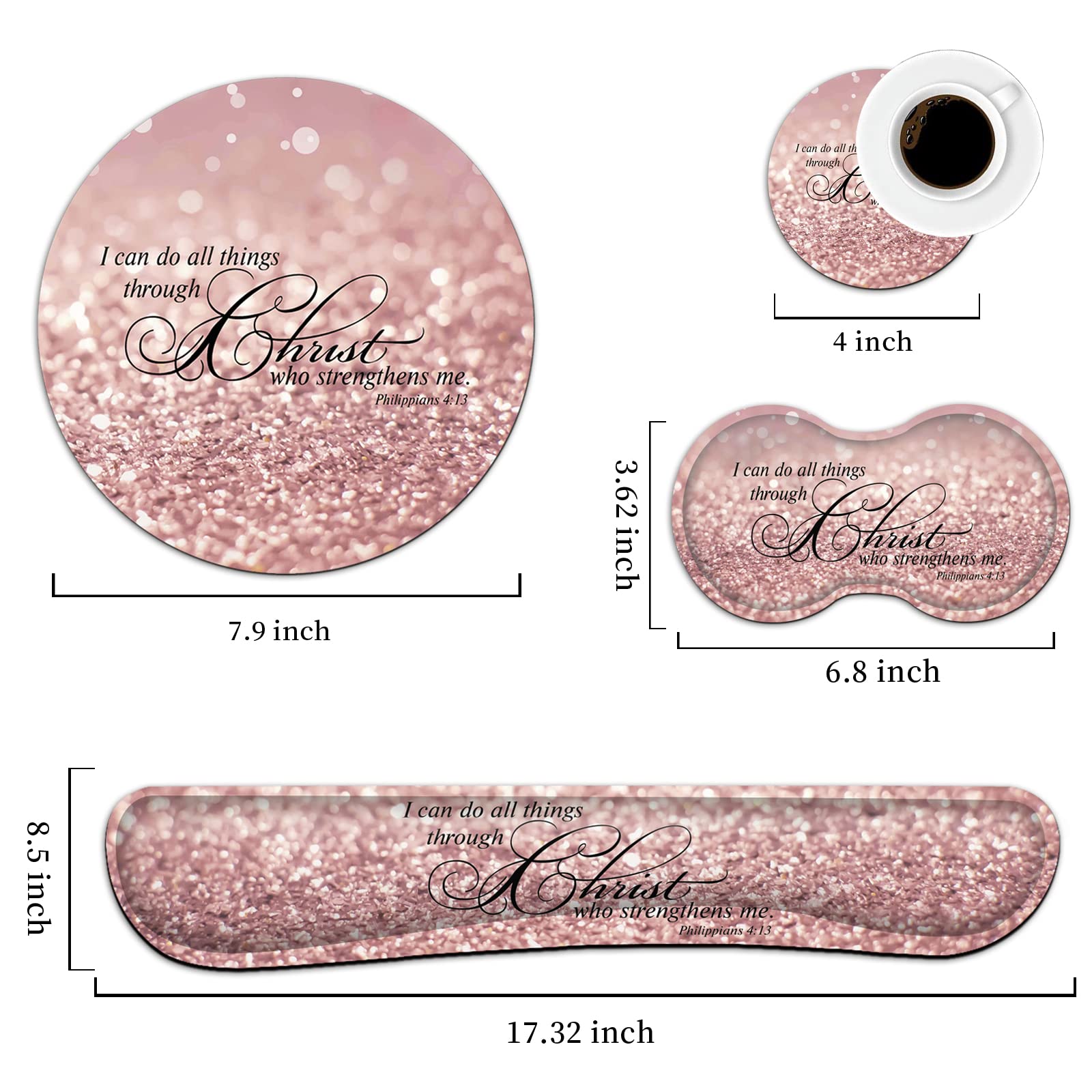 Ergonomic 4-Piece Keyboard & Mouse Wrist Rest Set with Memory Foam Support & Coaster - Pink Glitter Design for Comfortable Computer Use at Home & Office (Philippians 4:13 Inspired) | Perfect for Typing, Gaming & Long Work Sessions