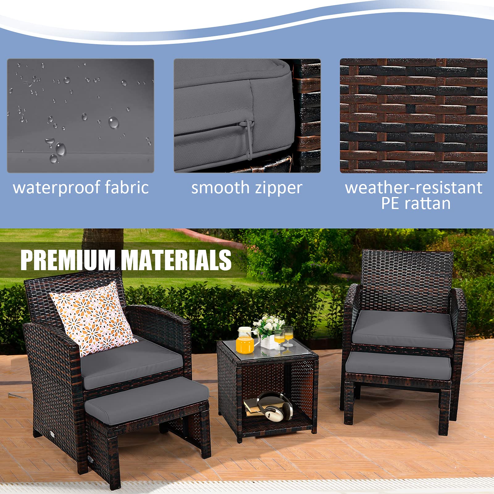 COSTWAY 5-Piece Patio Rattan Wicker Furniture Set with Cushioned Chairs, Ottoman & Side Table - Grey Outdoor Conversation Set for Backyard, Deck, Garden or Poolside Relaxation
