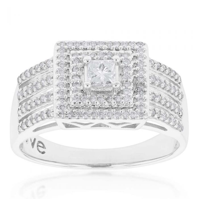 9ct White Gold 0.90 Carat Diamond Halo Engagement Ring with Princess & Brilliant Cut Diamonds - Perfect for Proposals, Anniversaries & Special Occasions