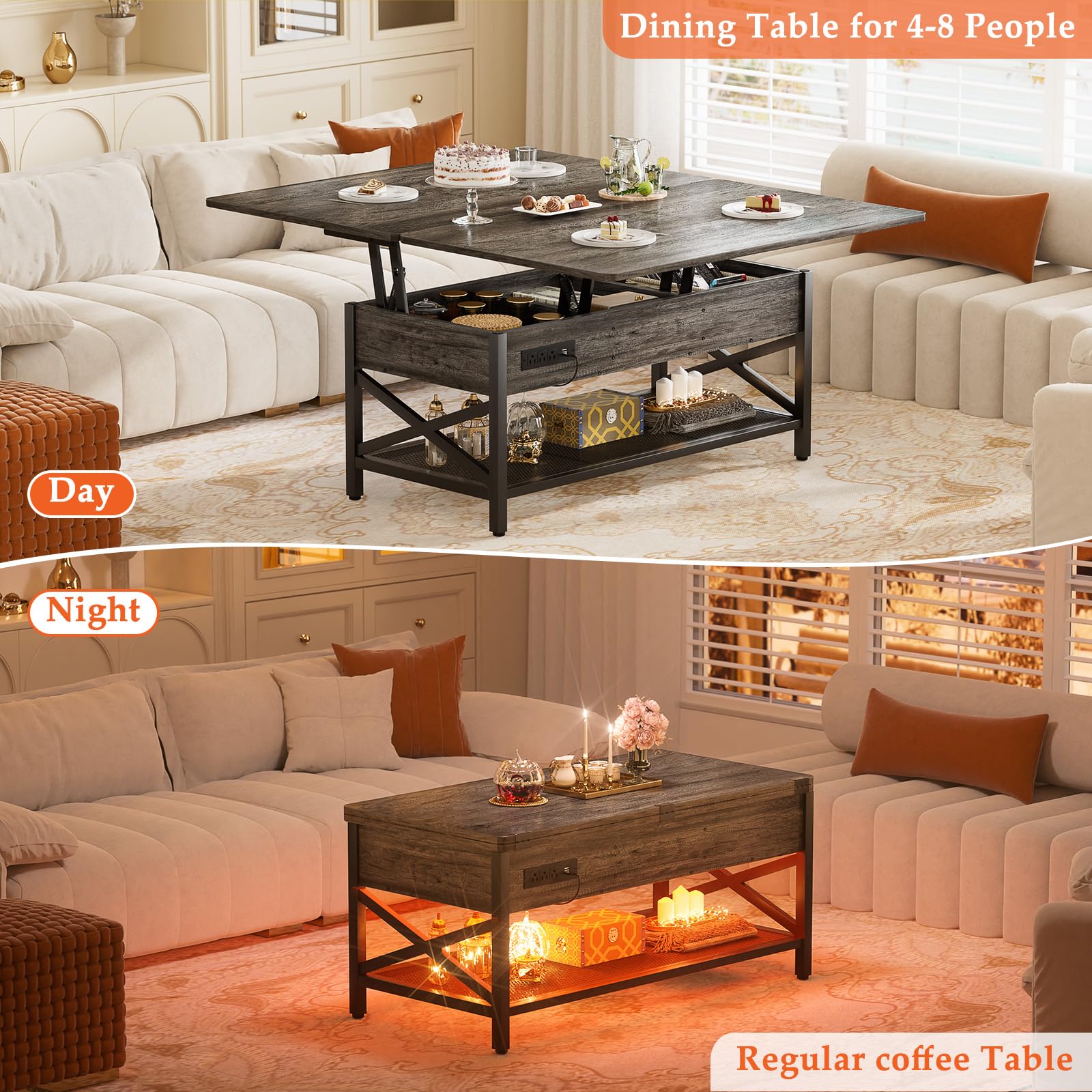 Aheaplus Lift Top Coffee Table with LED Light & Power Outlet - Convertible to Dining Table, Multi-Functional Center Table with Storage Shelves for Living Room, Home Office & Reception Areas - Black Oak Finish | Perfect for Small Space Living, Entertaining Guests & Remote Work Setup