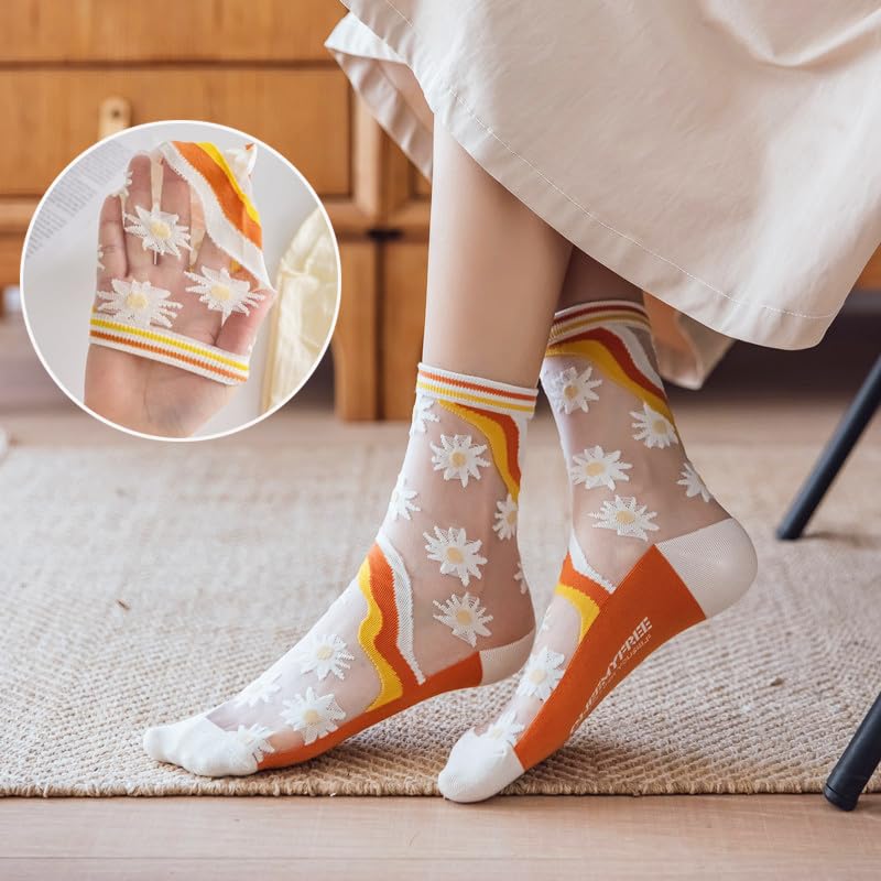 Women's Sheer Socks - 5 Pairs Summer Transparent Thin Mesh Lace Jacquard Crystal Glass Socks for Casual, Office & Party Wear - Breathable & Elegant Footwear