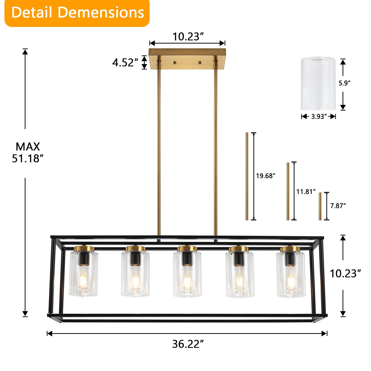 36 Inch Modern Farmhouse Pendant Light - Adjustable Height Industrial Chandelier with Glass Shade for Kitchen Island & Dining Room Lighting | Perfect for Farmhouse, Industrial & Contemporary Home Decor