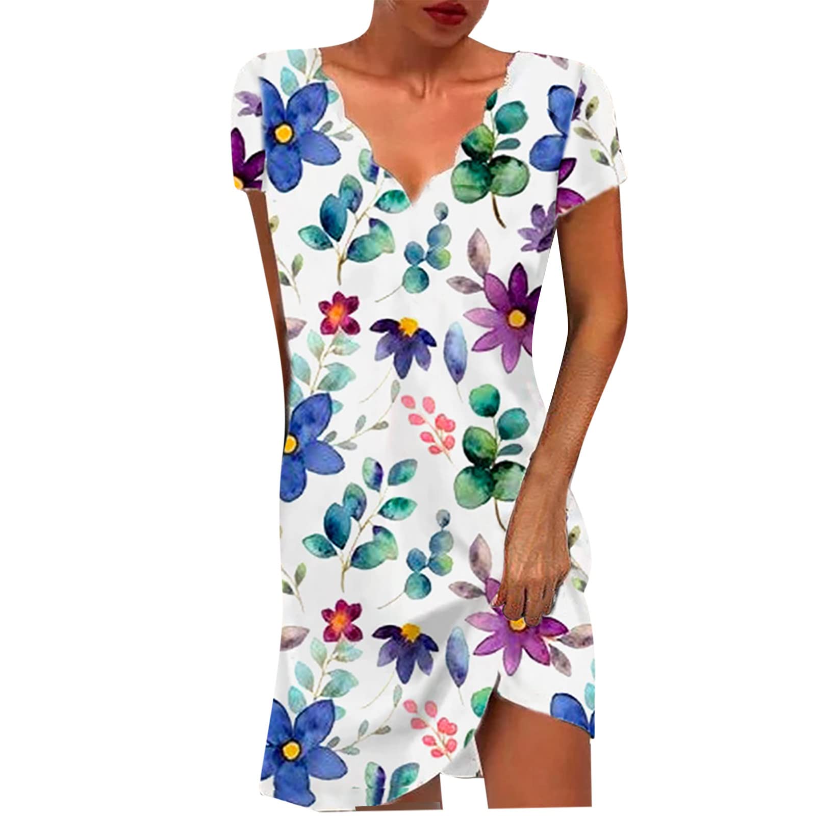 Women's Floral Print Short Sleeve A-Line Mini Dress - Scallop Neck Casual Summer Dress for Beach Vacation, Party, Date Night & Outdoor Activities
