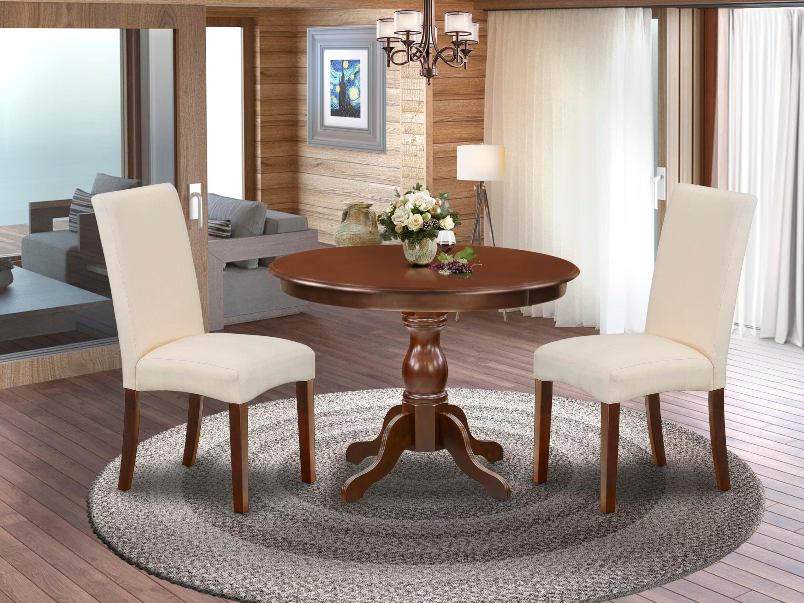 East West Furniture HBDR3-MAH-01 3-Piece Round Dining Table Set with Pedestal Base & 2 Cream Linen Upholstered Chairs, 42x42 Inch, Mahogany - Perfect for Small Spaces, Breakfast Nooks & Cozy Apartment Dining Rooms