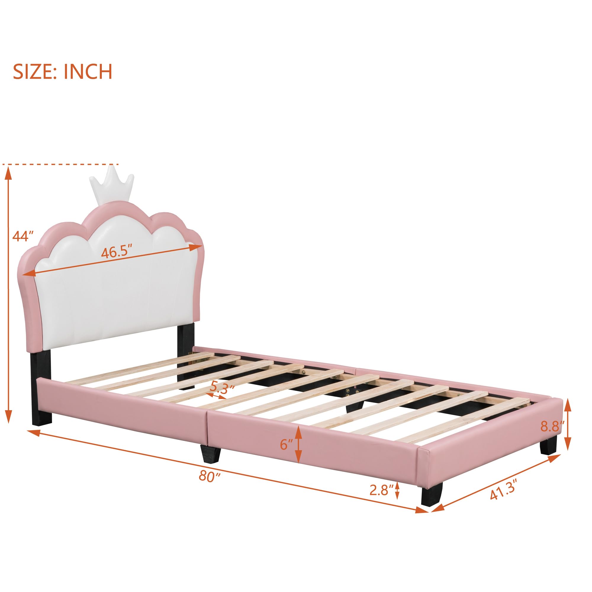 Twin Size Upholstered Princess Bed with Crown Headboard - Pink Bed Frame for Girls | Perfect for Kids' Bedroom, Princess-Themed Decor & Sleepovers