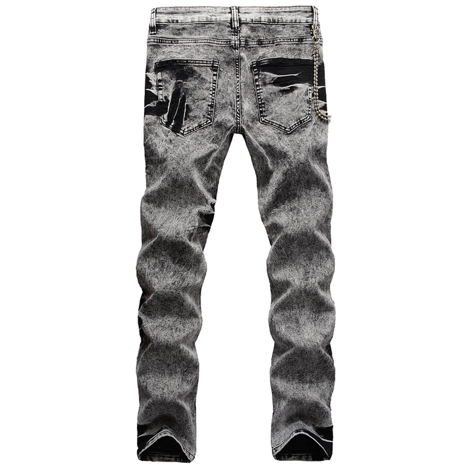 Men's Retro Tie-Dye Washed Hip-Hop Jeans with Chain Detail - Slim Fit Comfortable Straight Leg Dark Grey Denim Pants Size 40 | Streetwear Fashion for Casual Outfits & Urban Style