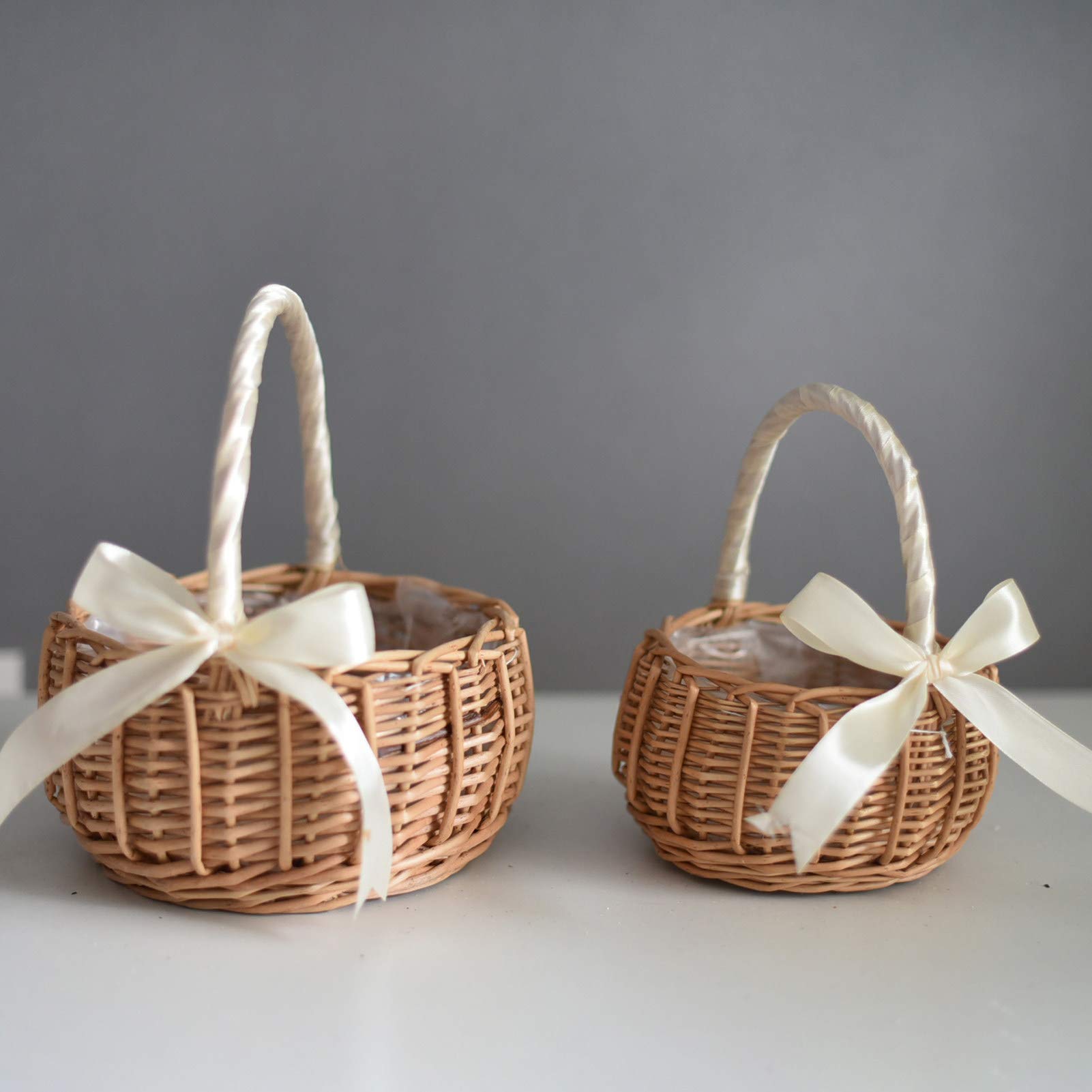 White Woven Wicker Flower Basket - Handheld Wedding Flower Girl Basket, Decorative Storage Basket for Home & Picnic | Perfect for Weddings, Parties, and Outdoor Gatherings