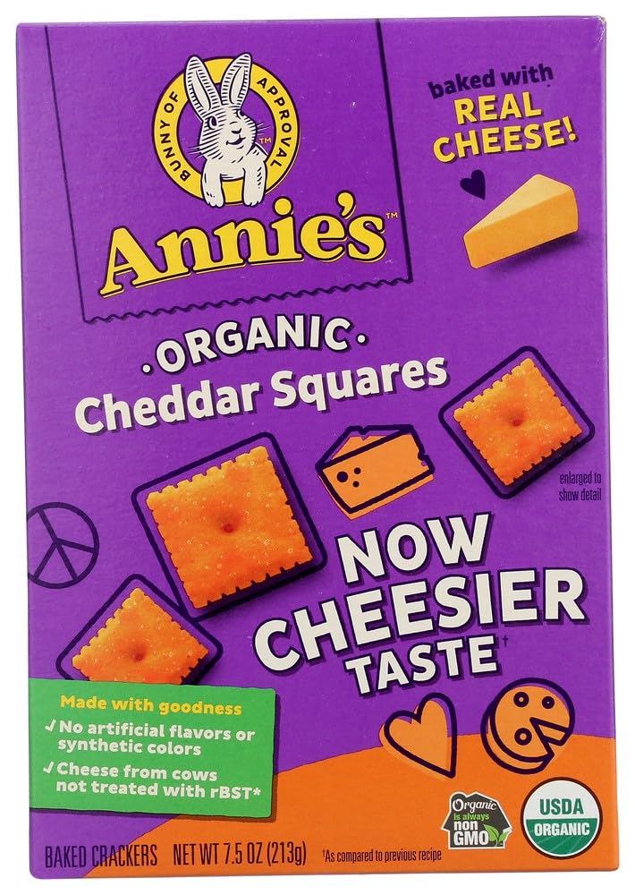 Annie's Organic Cheddar Squares Baked Crackers - 7.5 oz Box | Gluten-Free Snack for Kids Lunch, After School & On-The-Go | Healthy Cheese Crackers for Parties, Picnics & Movie Nights