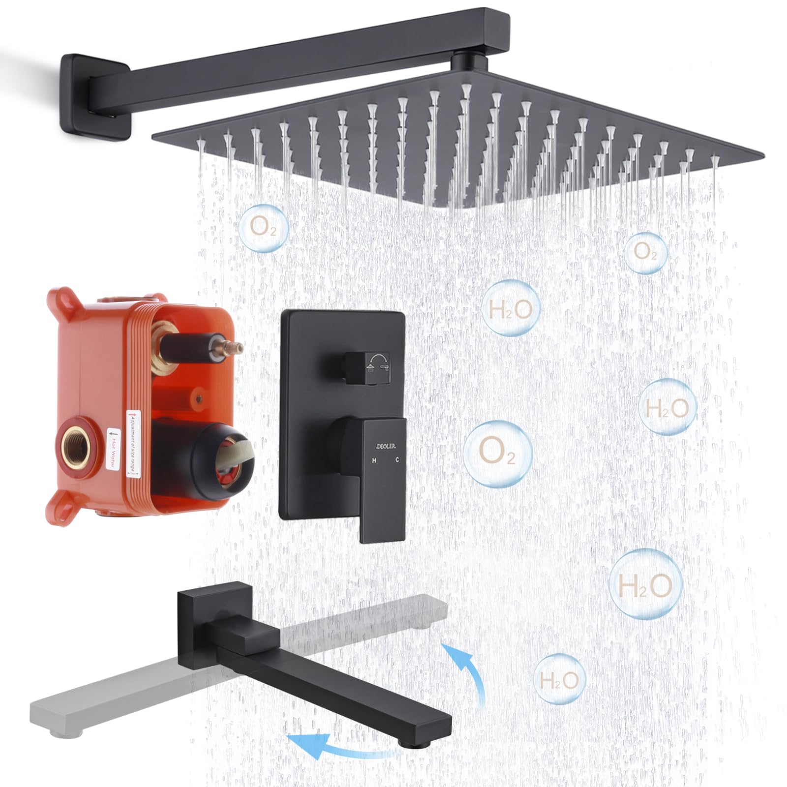 Premium Matte Black Wall Mount Shower Tub Faucet Set with Rainfall Shower Head & 180° Folding Tub Spout - Single Handle Bathtub and Shower Trim Kit for Modern Bathroom Renovation (Ideal for Master Bath, Guest Bath & Spa-Like Shower Experience)