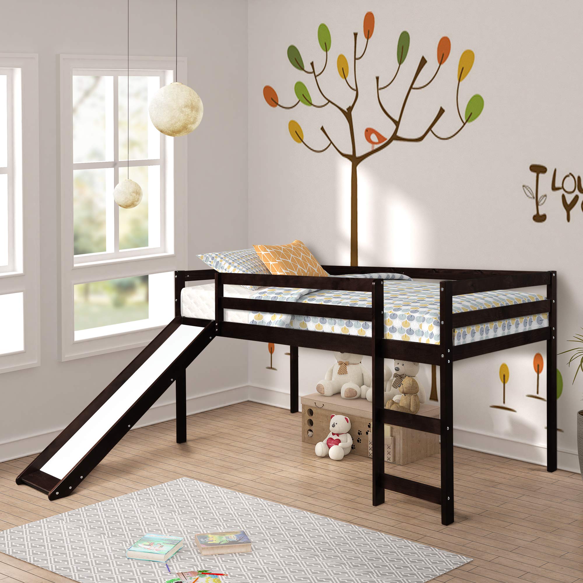 LZ LEISURE ZONE Twin Loft Bed with Slide - Sturdy Wood Low Loft Bed Frame, Twin Size, No Box Spring Required, Espresso Finish - Perfect for Kids' Bedrooms, Dorm Rooms & Space-Saving Small Apartments