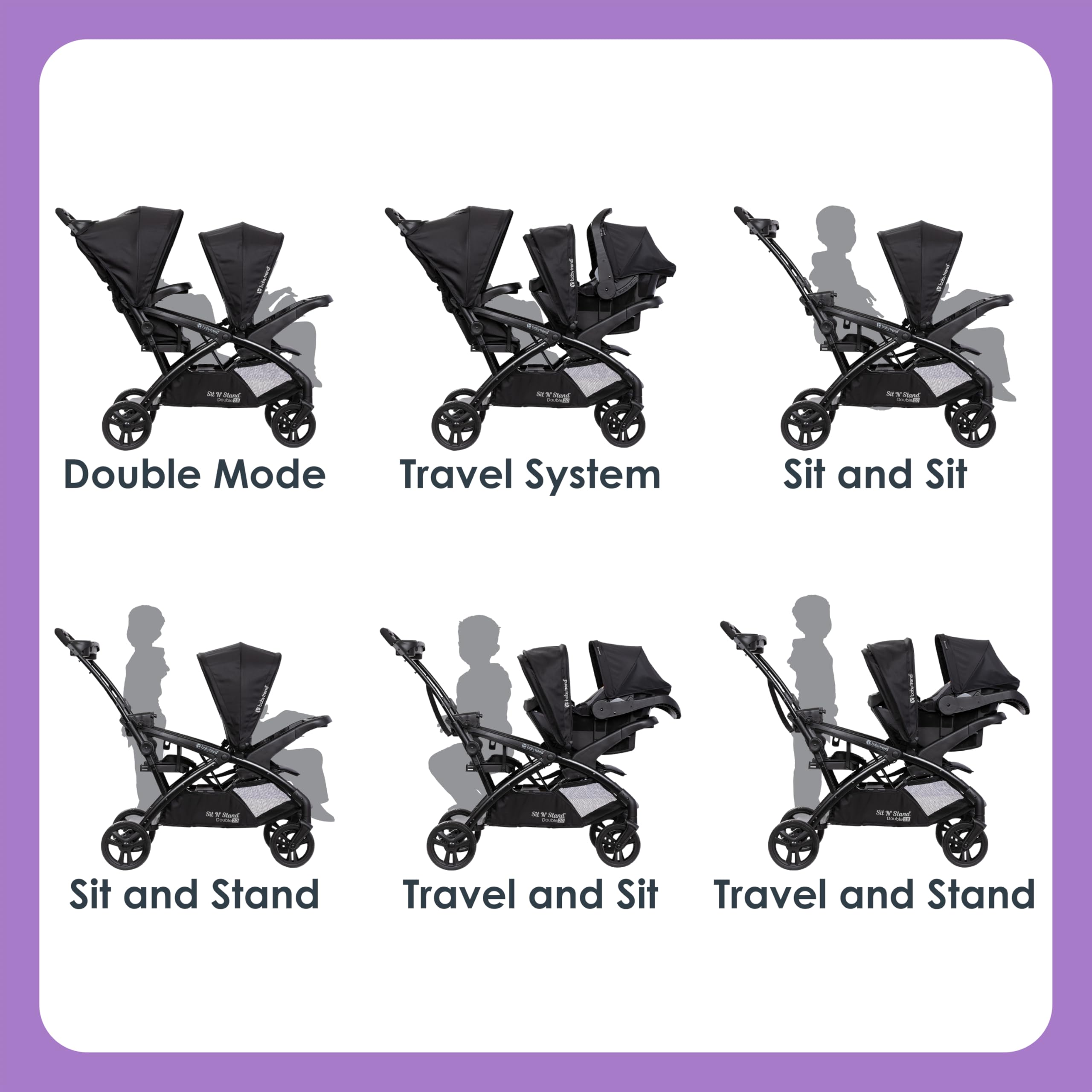 Baby Trend Sit N' Stand Double 2.0 Stroller - Lightweight Convertible Stroller for 2 Kids, Adjustable Canopy & Cup Holders, Dash Black - Perfect for Shopping, Travel & Family Outings